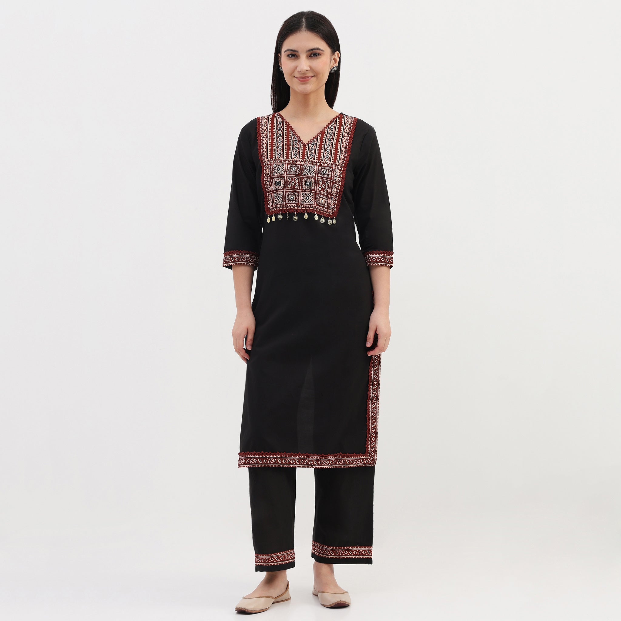 Cotton Printed V-Neck Kurta with Pant and Dupatta Set