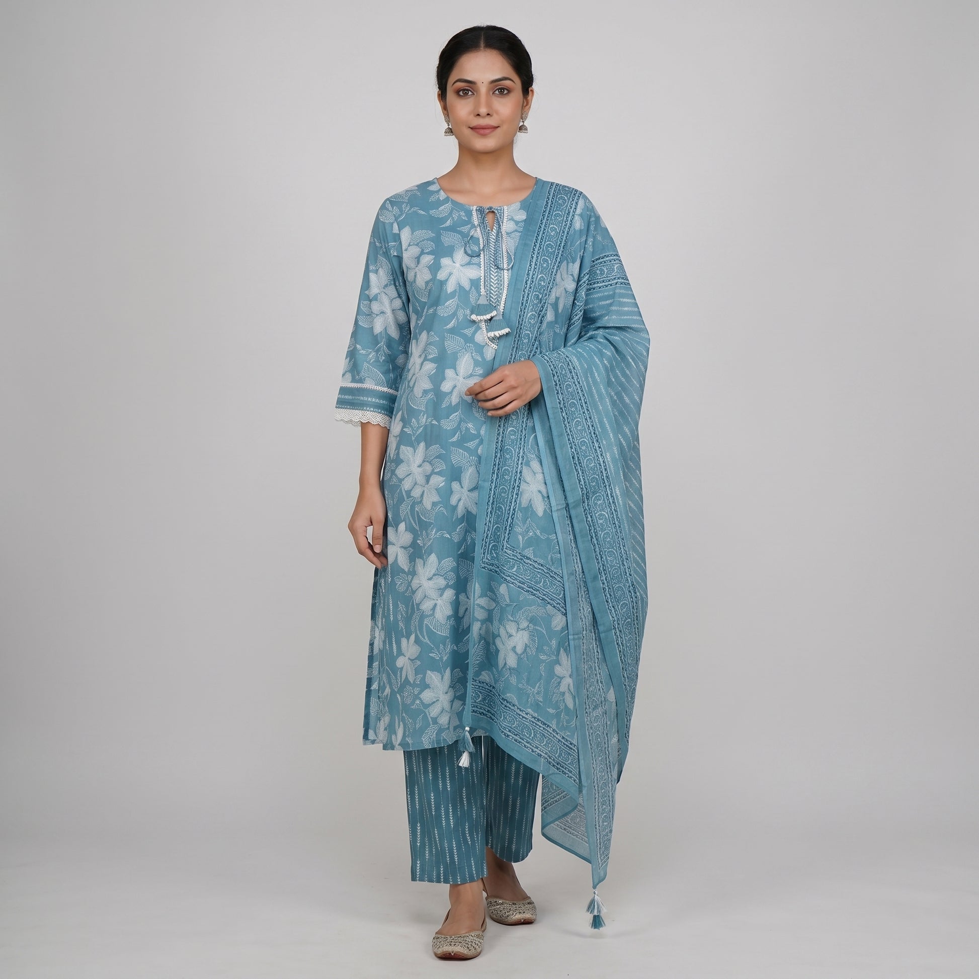Cotton Printed Kurta with Pant & Dupatta Set