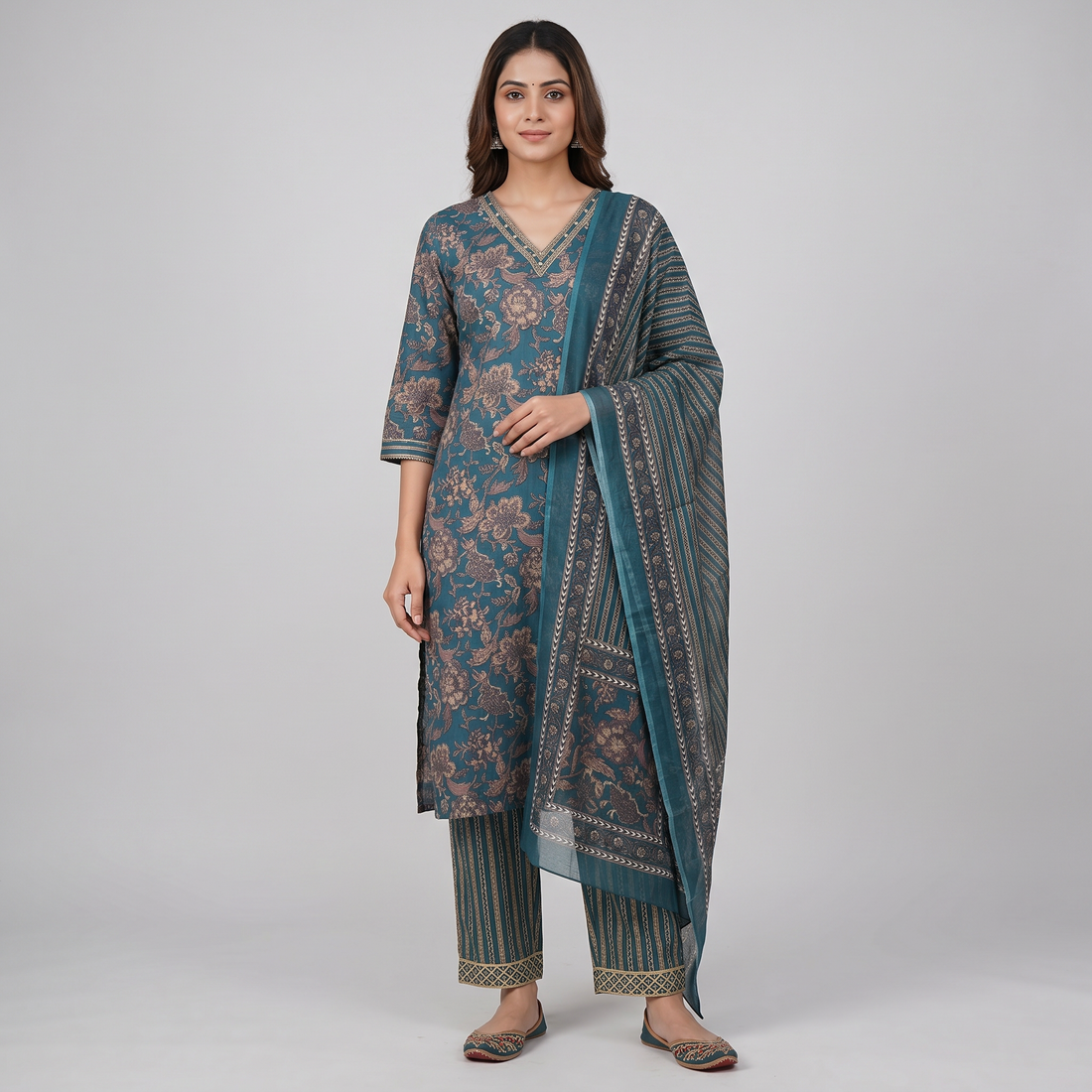 Cotton Printed V-Neck Kurta and Pant with Dupatta Set