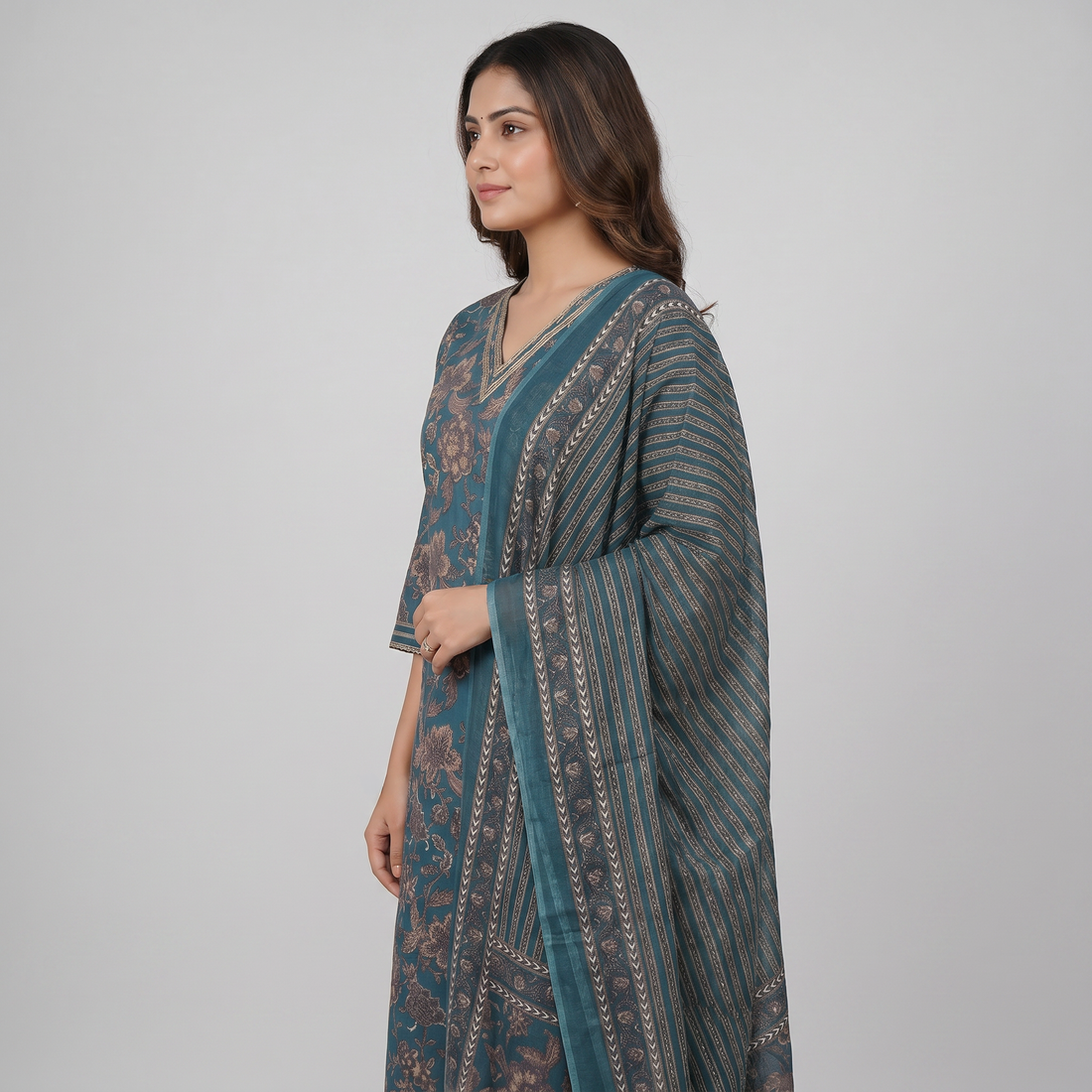 Cotton Printed V-Neck Kurta and Pant with Dupatta Set