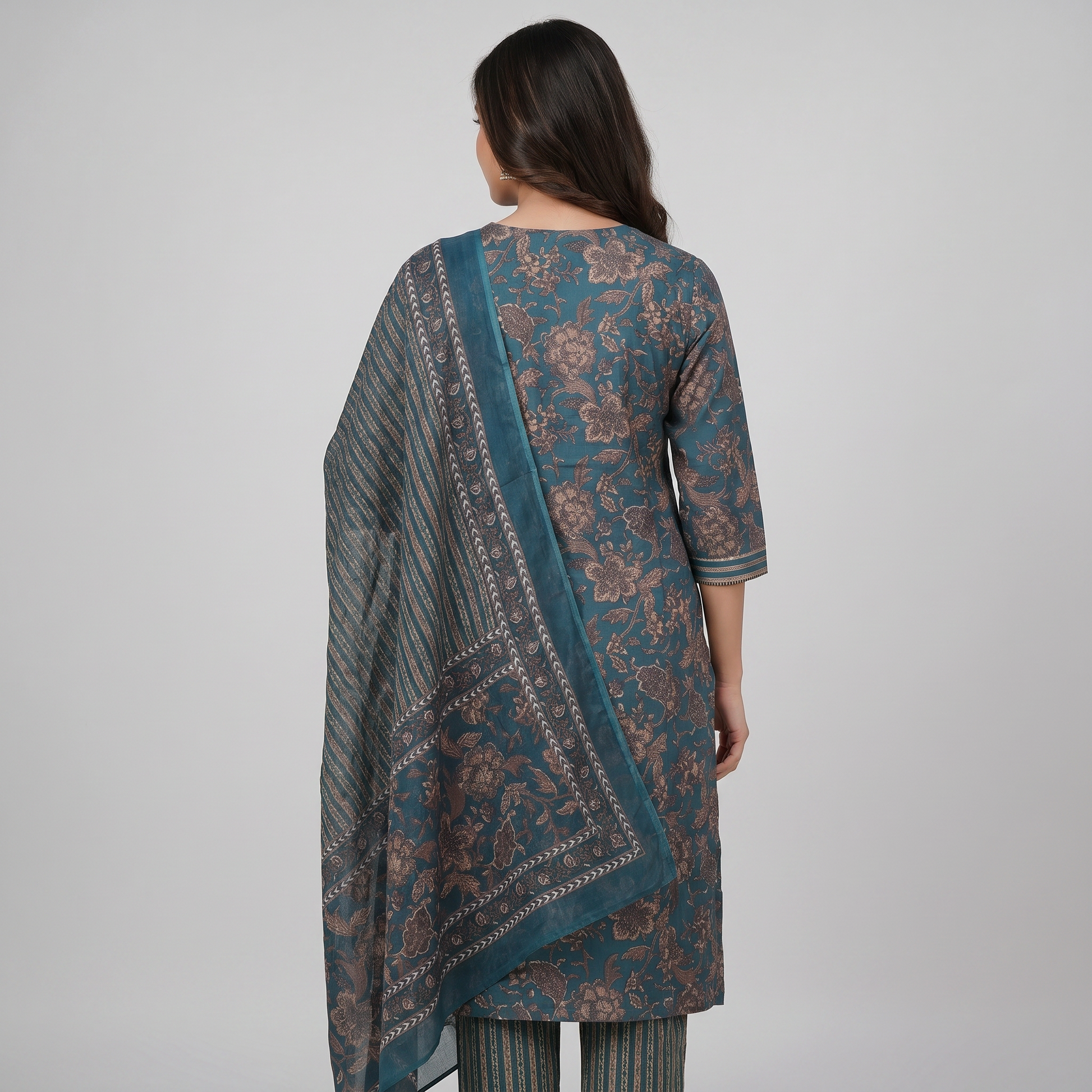 Cotton Printed V-Neck Kurta and Pant with Dupatta Set