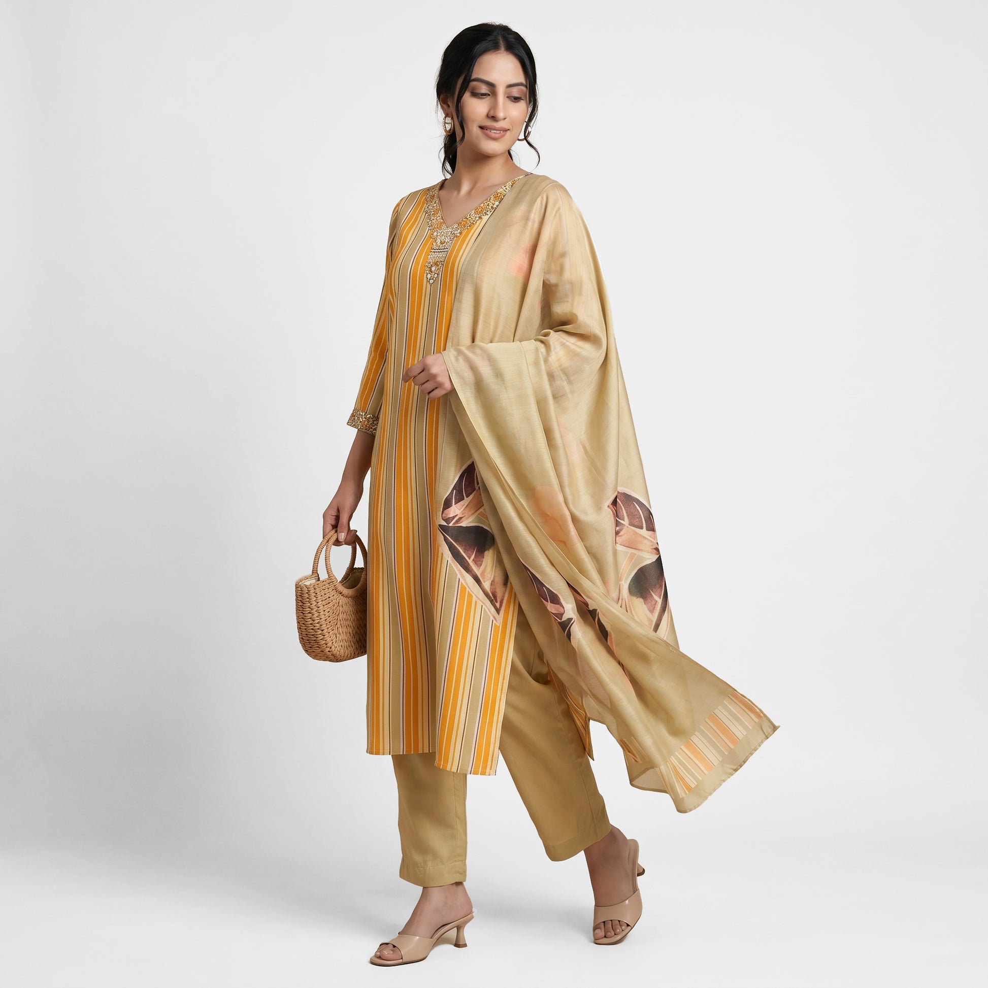 Printed V-Neck Kurta with Pant and Dupatta Set