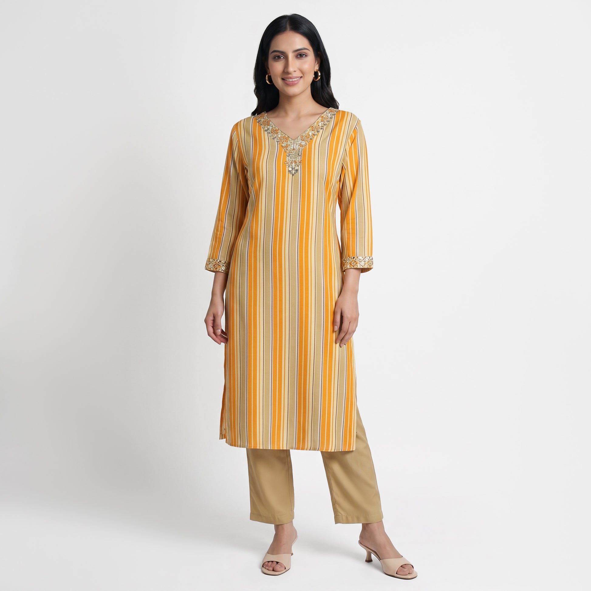Printed V-Neck Kurta with Pant and Dupatta Set