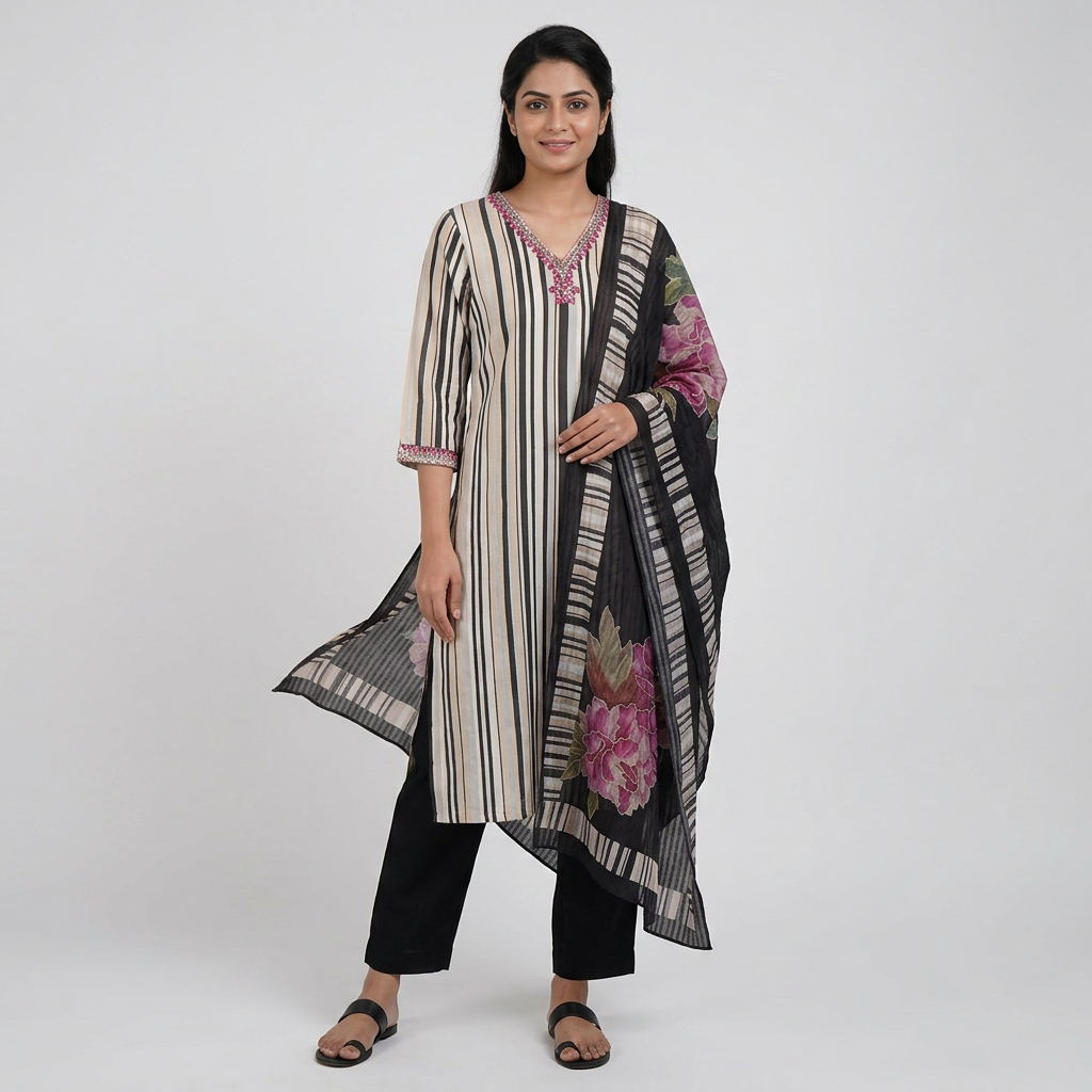 Printed V-Neck Kurta with Pant and Dupatta Set