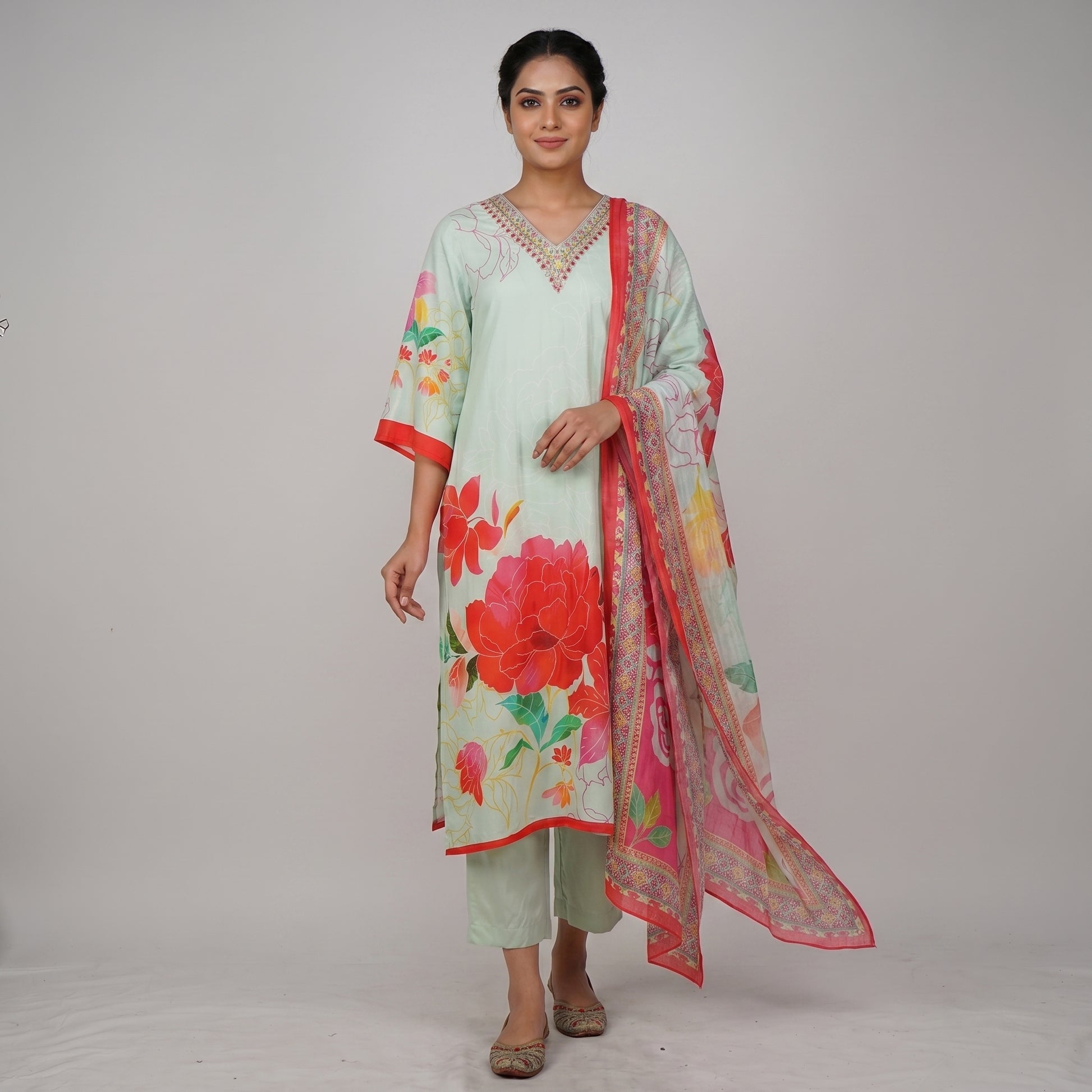 Printed V-Neck Straight Kurta and Pant with Dupatta Set