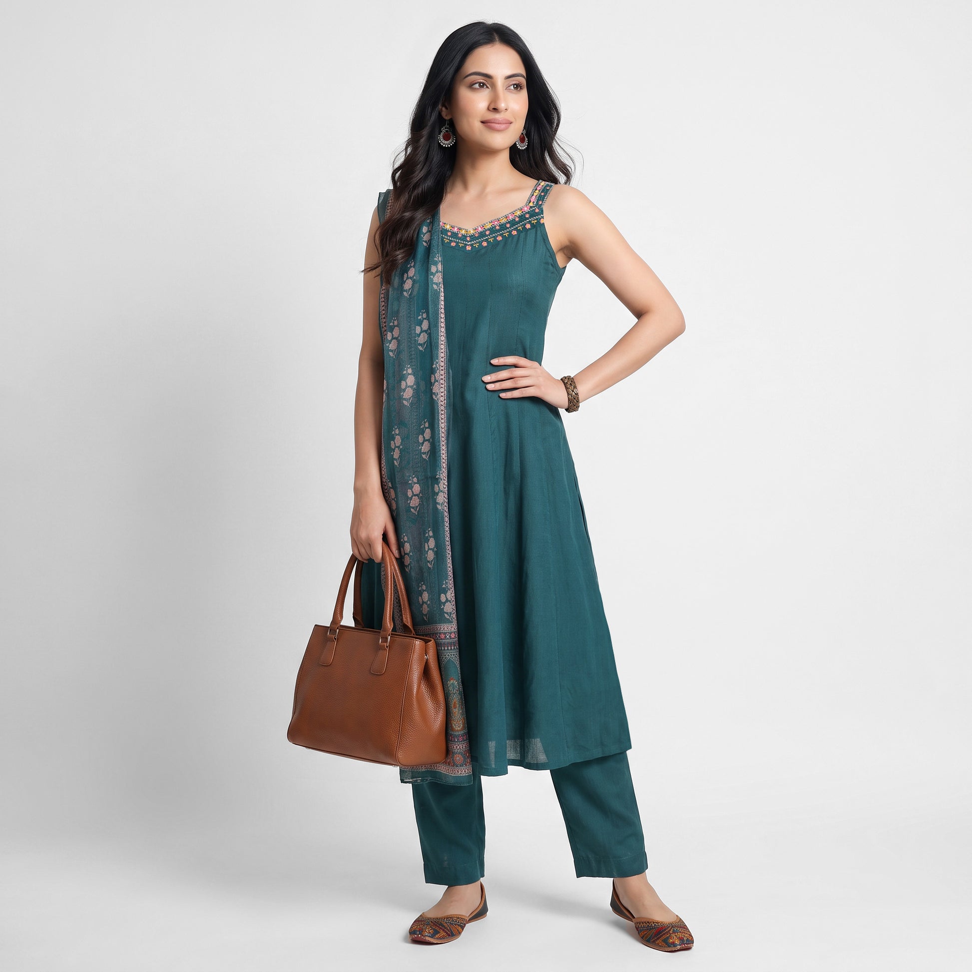 Solid V-Neck Kurta with Pant and Dupatta Set