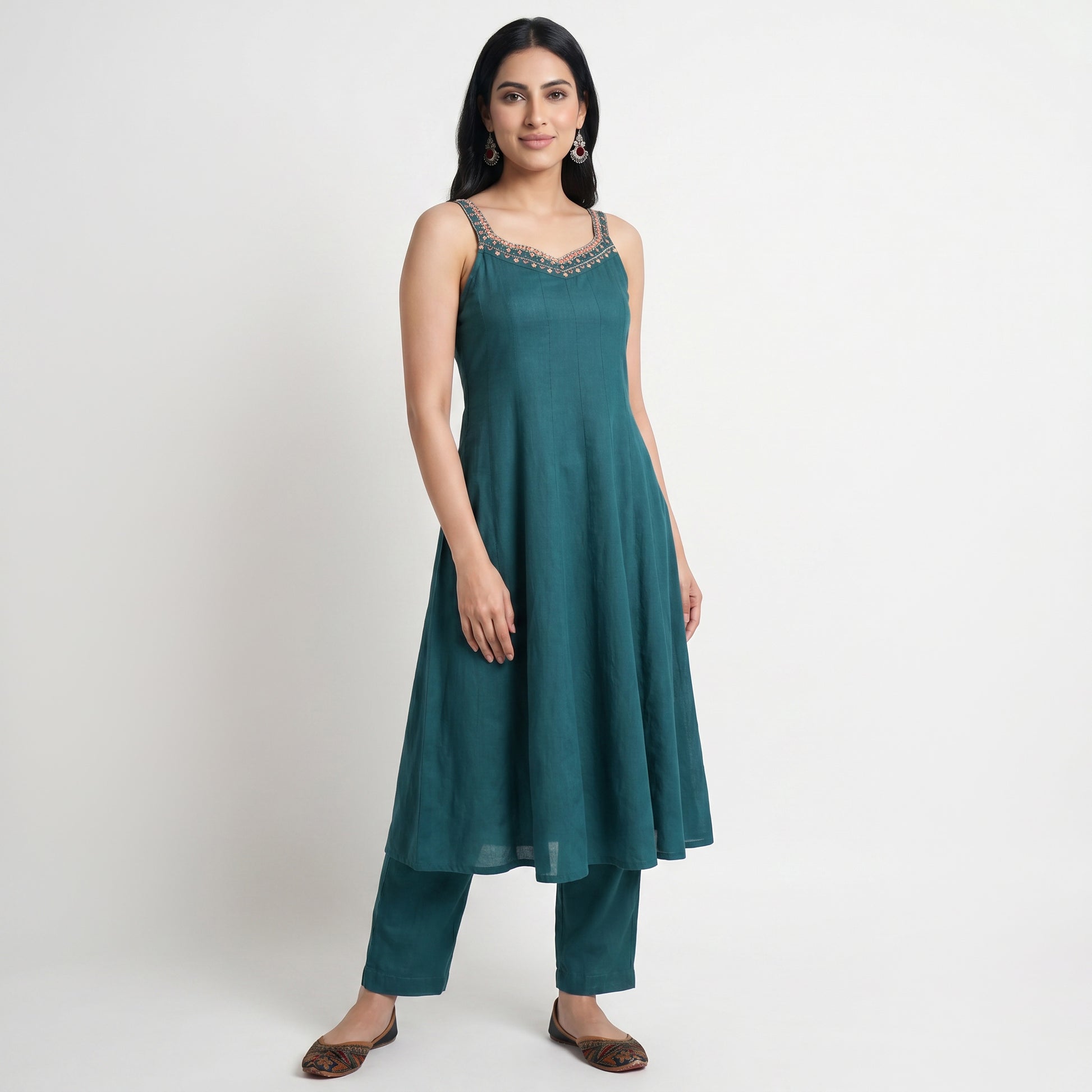 Solid V-Neck Kurta with Pant and Dupatta Set