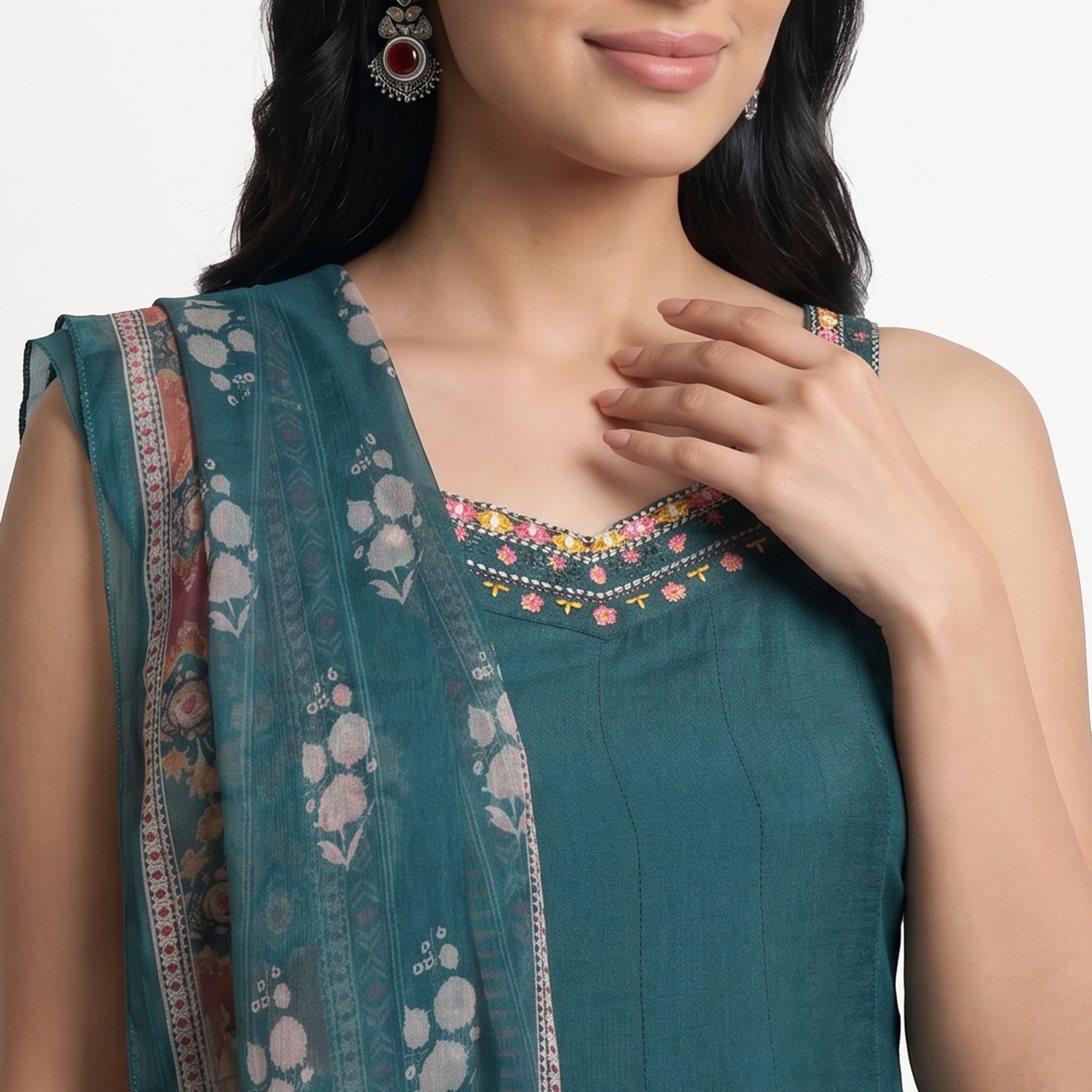 Solid V-Neck Kurta with Pant and Dupatta Set