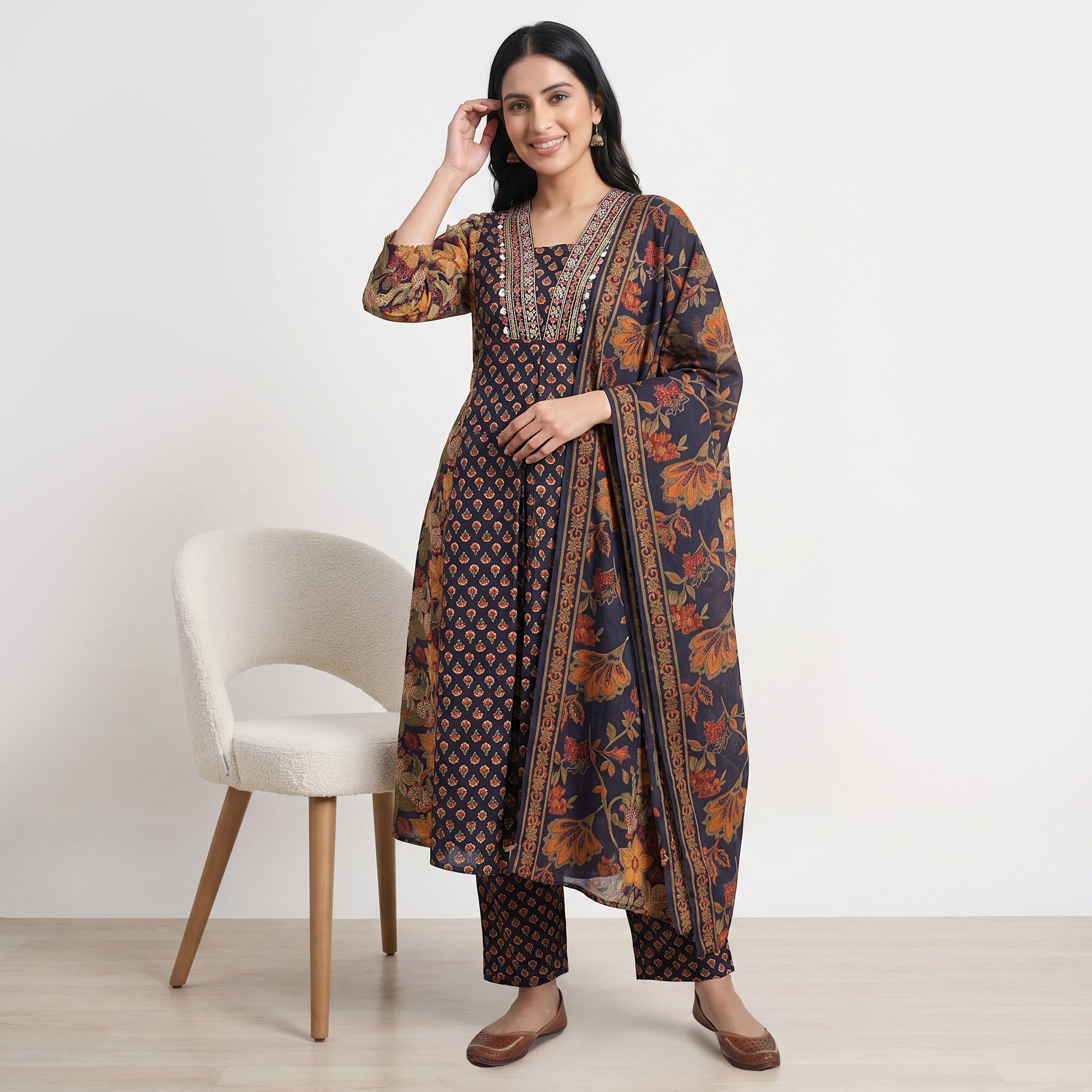 Printed V-Neck Kurta with Pant and Dupatta Set