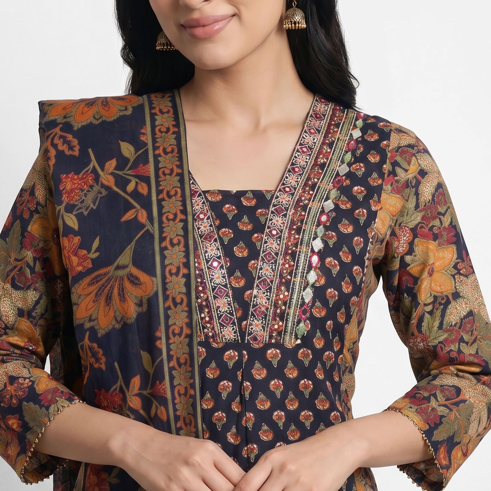 Printed V-Neck Kurta with Pant and Dupatta Set