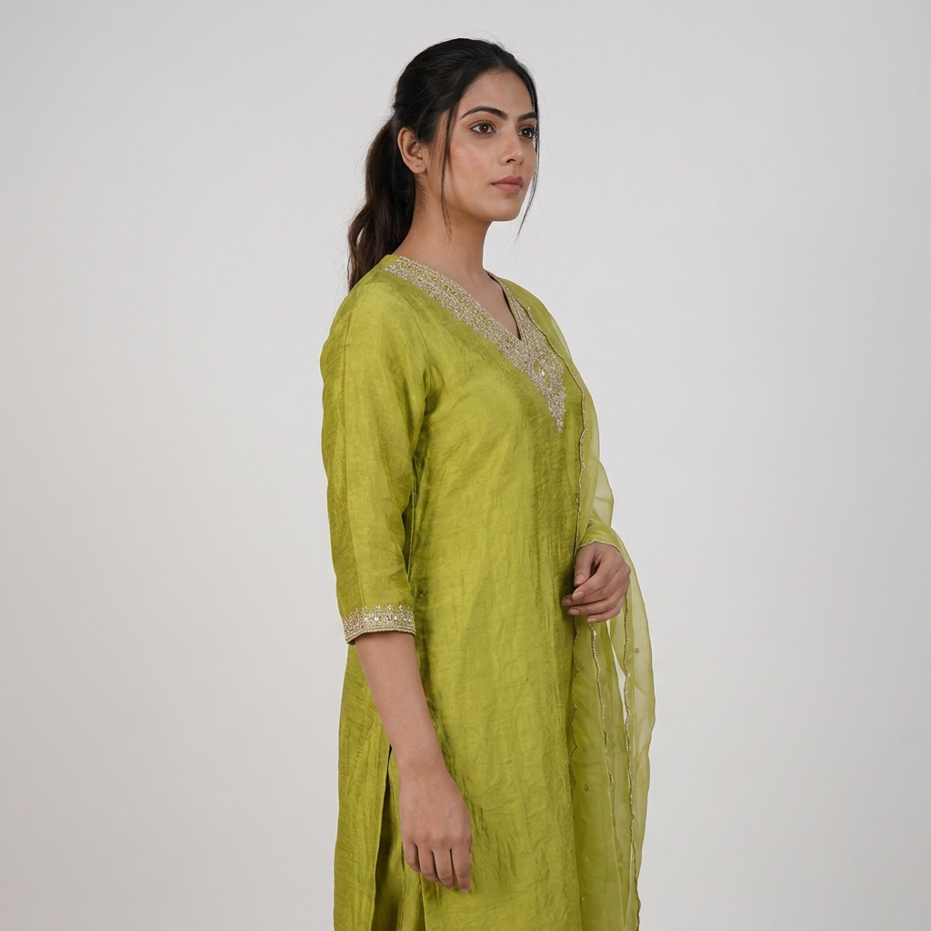 Embroidered V-Neck Kurta with Pant and Dupatta Set