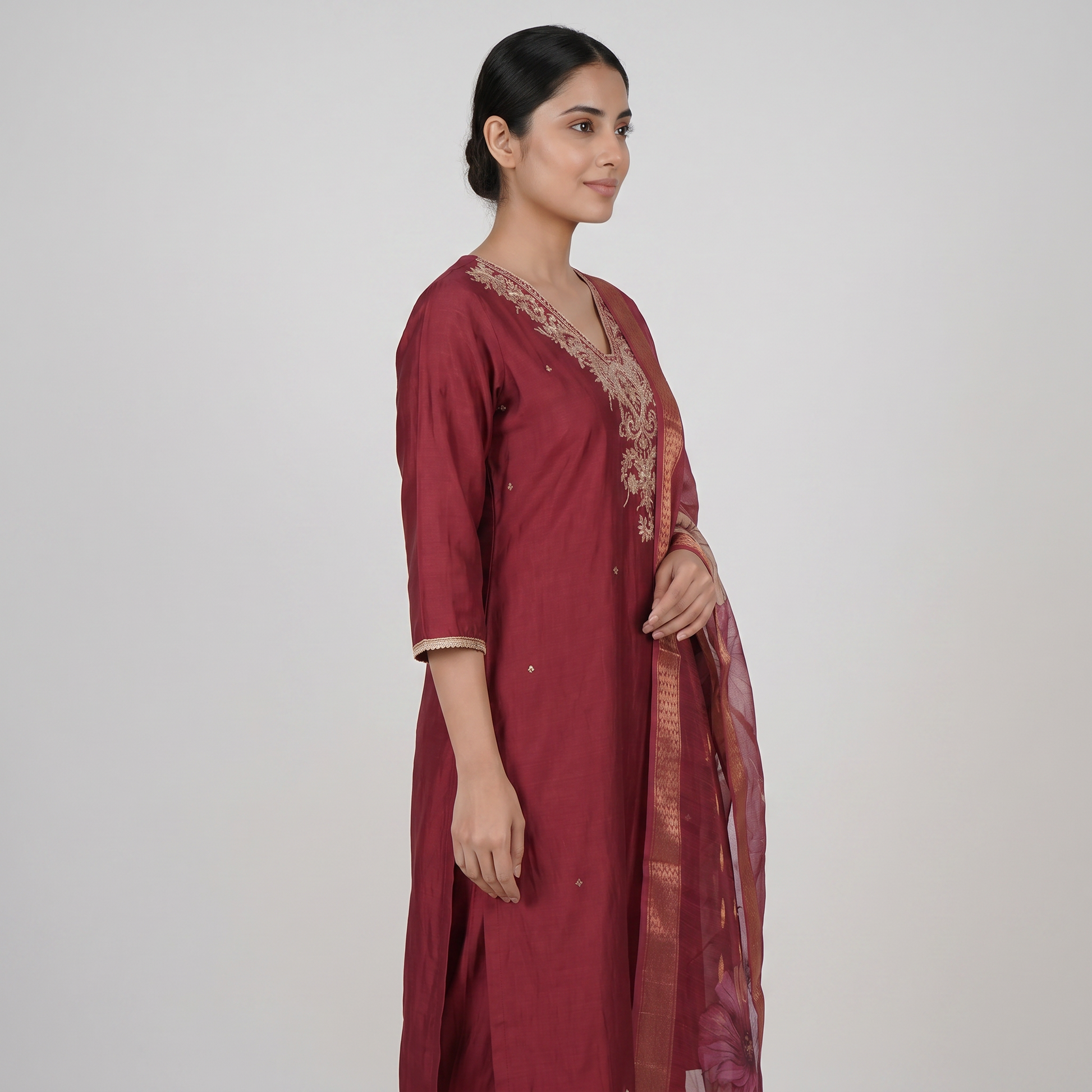 Embroidered V-Neck Kurta and Pant with Dupatta Set