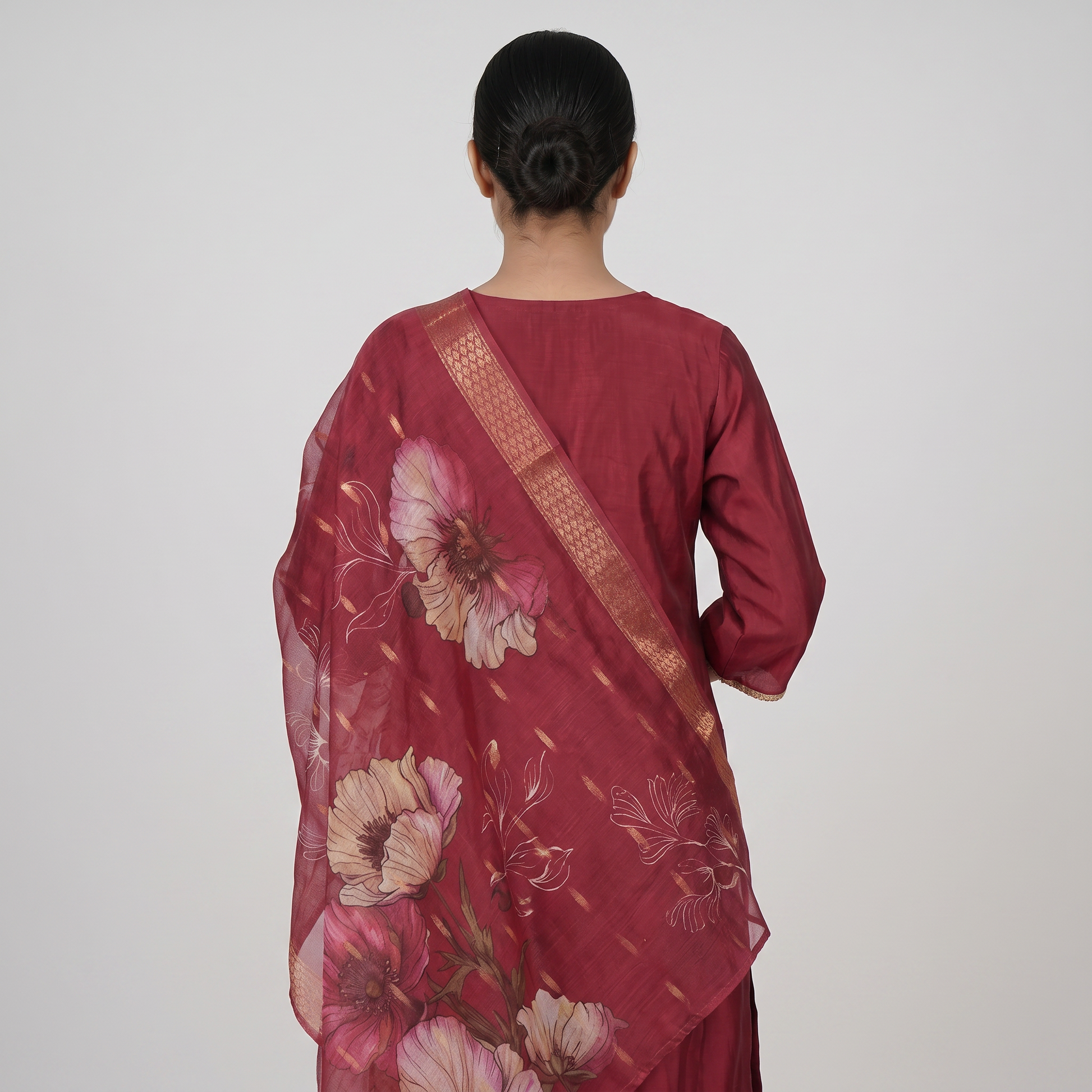 Embroidered V-Neck Kurta and Pant with Dupatta Set