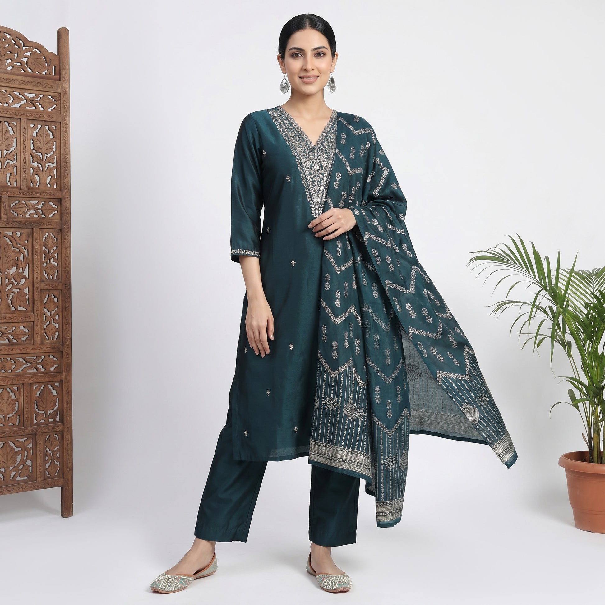 Embroidered V-Neck Kurta with Pant and Dupatta Set