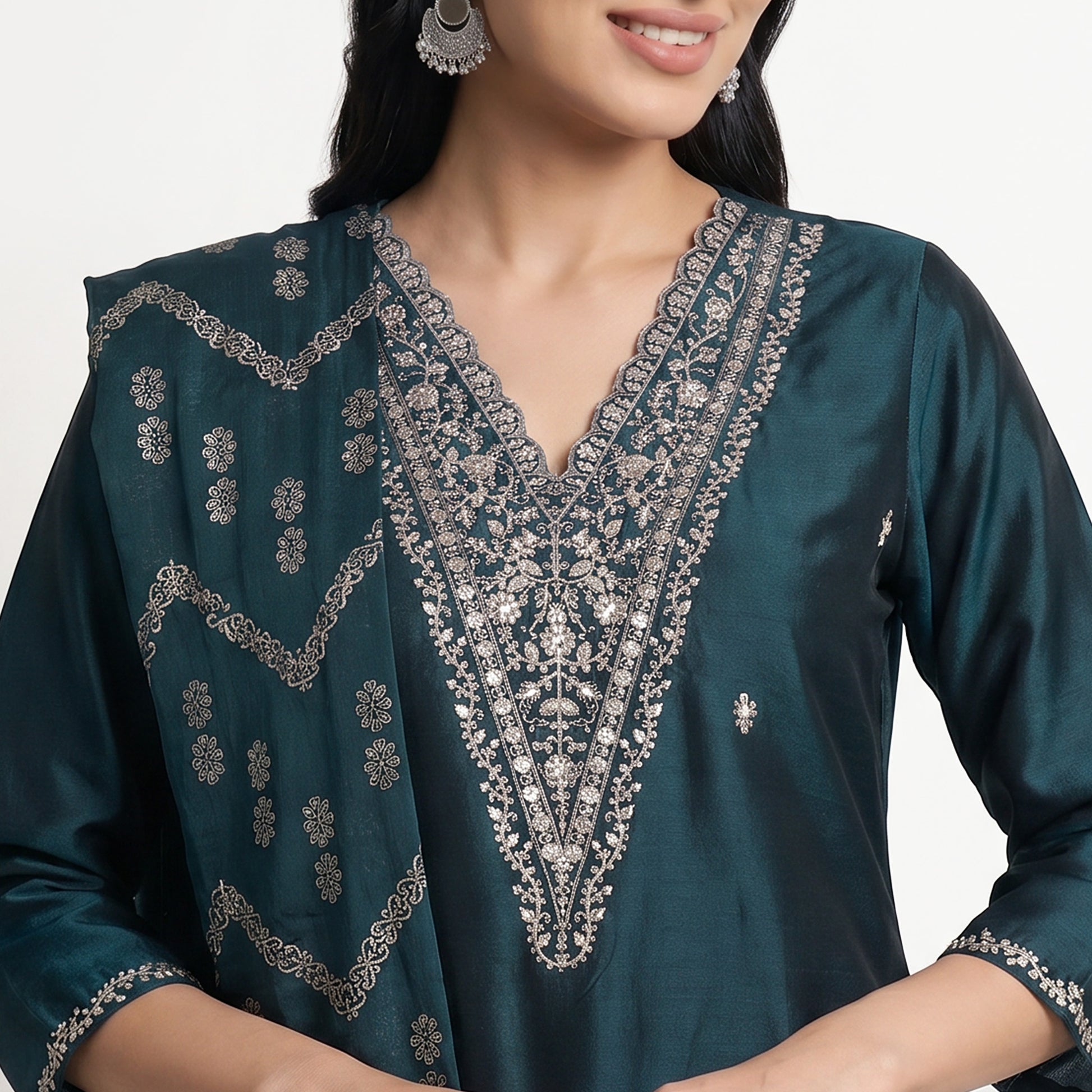 Embroidered V-Neck Kurta with Pant and Dupatta Set