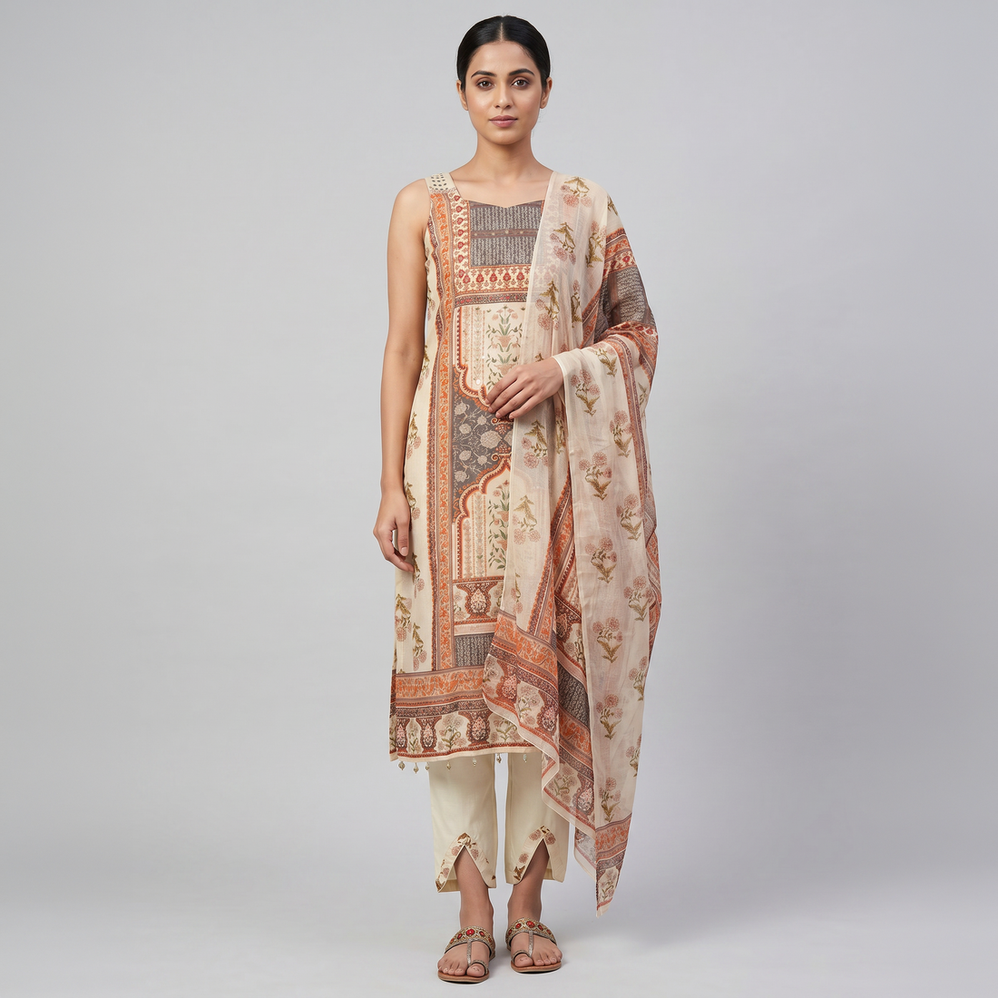Printed V-Neck Kurta With Pant With Dupatta Set