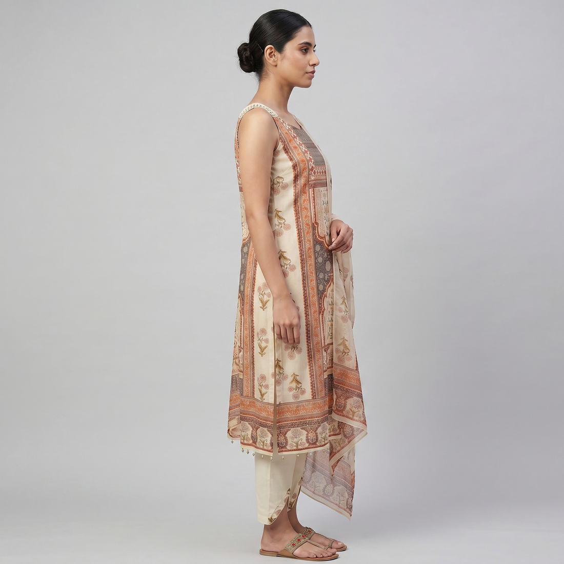 Printed V-Neck Kurta With Pant With Dupatta Set