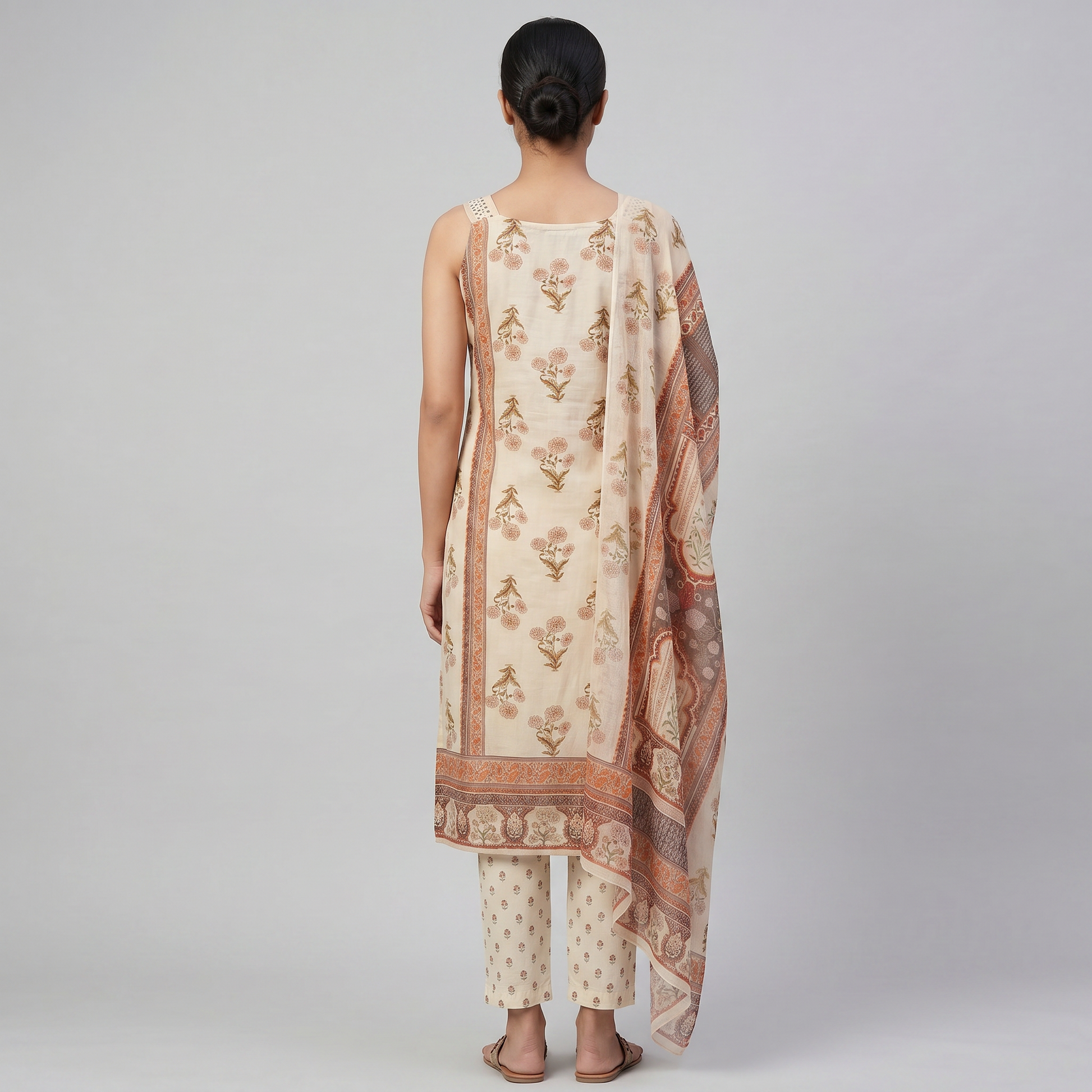 Printed V-Neck Kurta With Pant With Dupatta Set