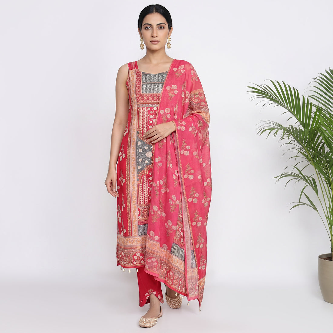 Embroidered V-Neck Kurta with Pant and Dupatta Set
