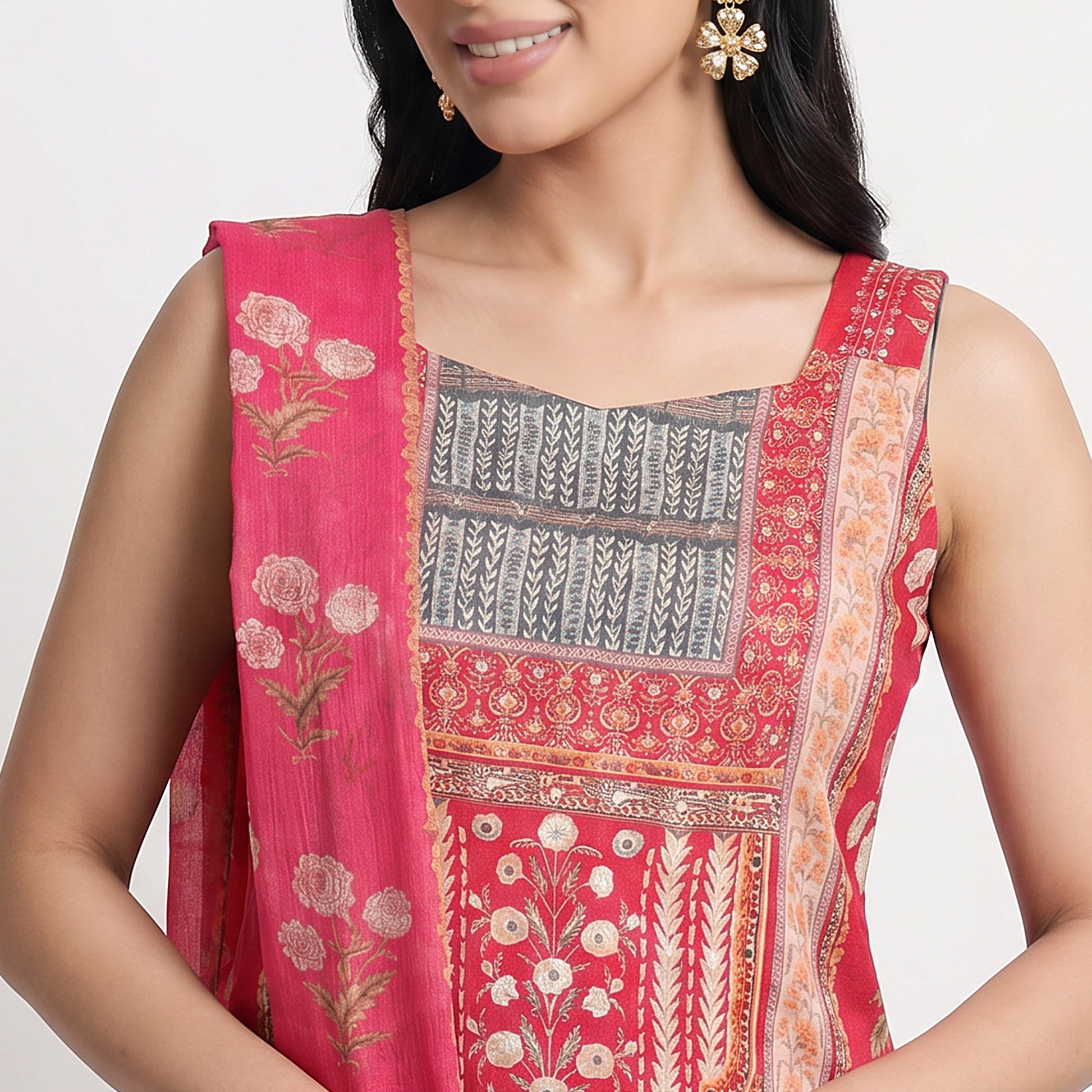 Embroidered V-Neck Kurta with Pant and Dupatta Set