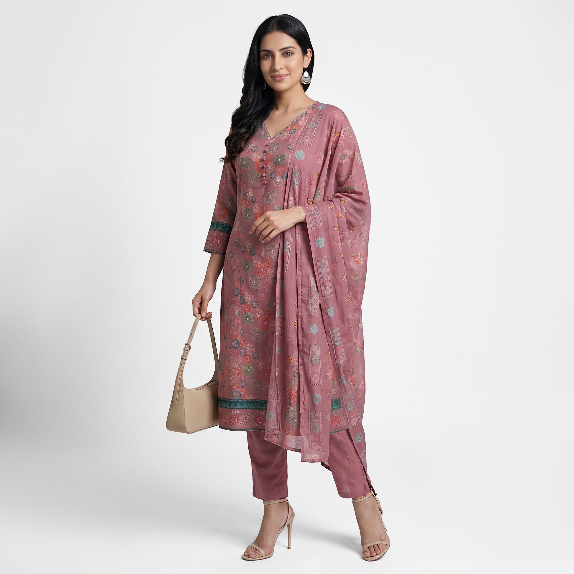 Embroidered V-Neck Kurta with Pant and Dupatta Set