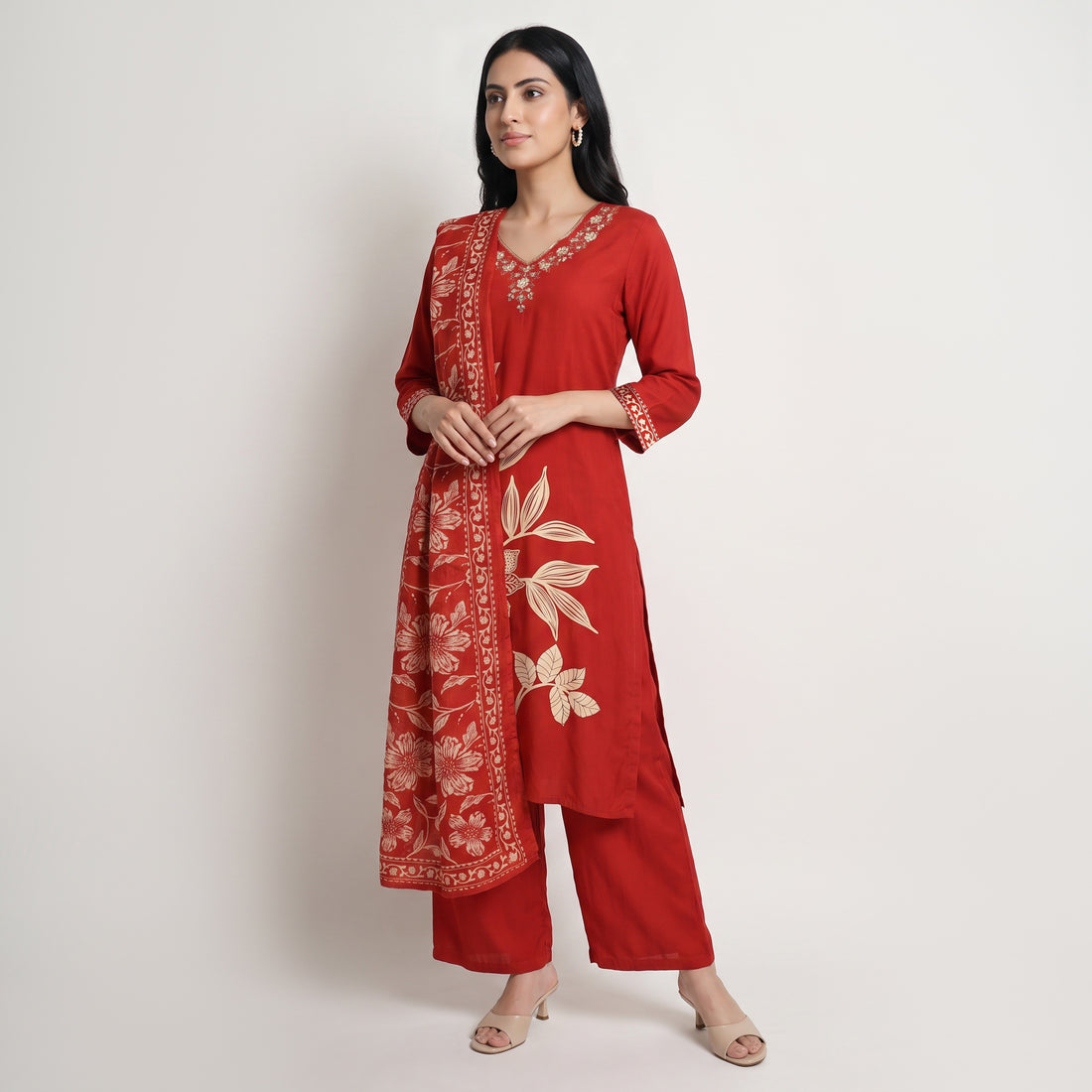 Printed V-Neck Kurta with Pant and Dupatta Set