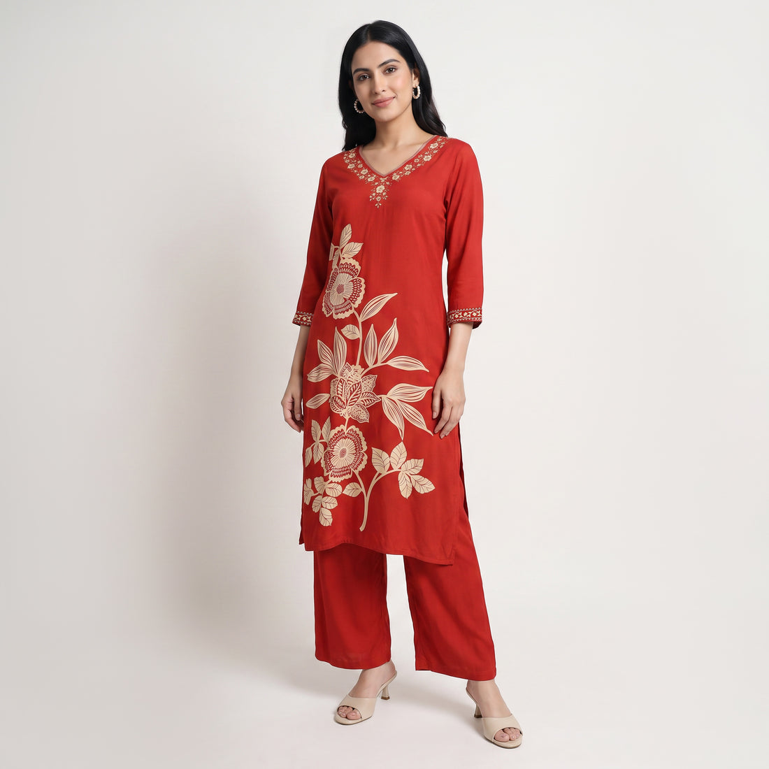 Printed V-Neck Kurta with Pant and Dupatta Set