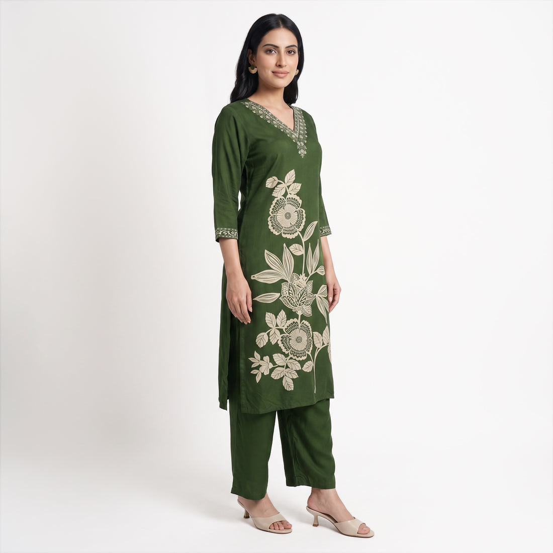 Printed V-Neck Kurta with Pant and Dupatta Set