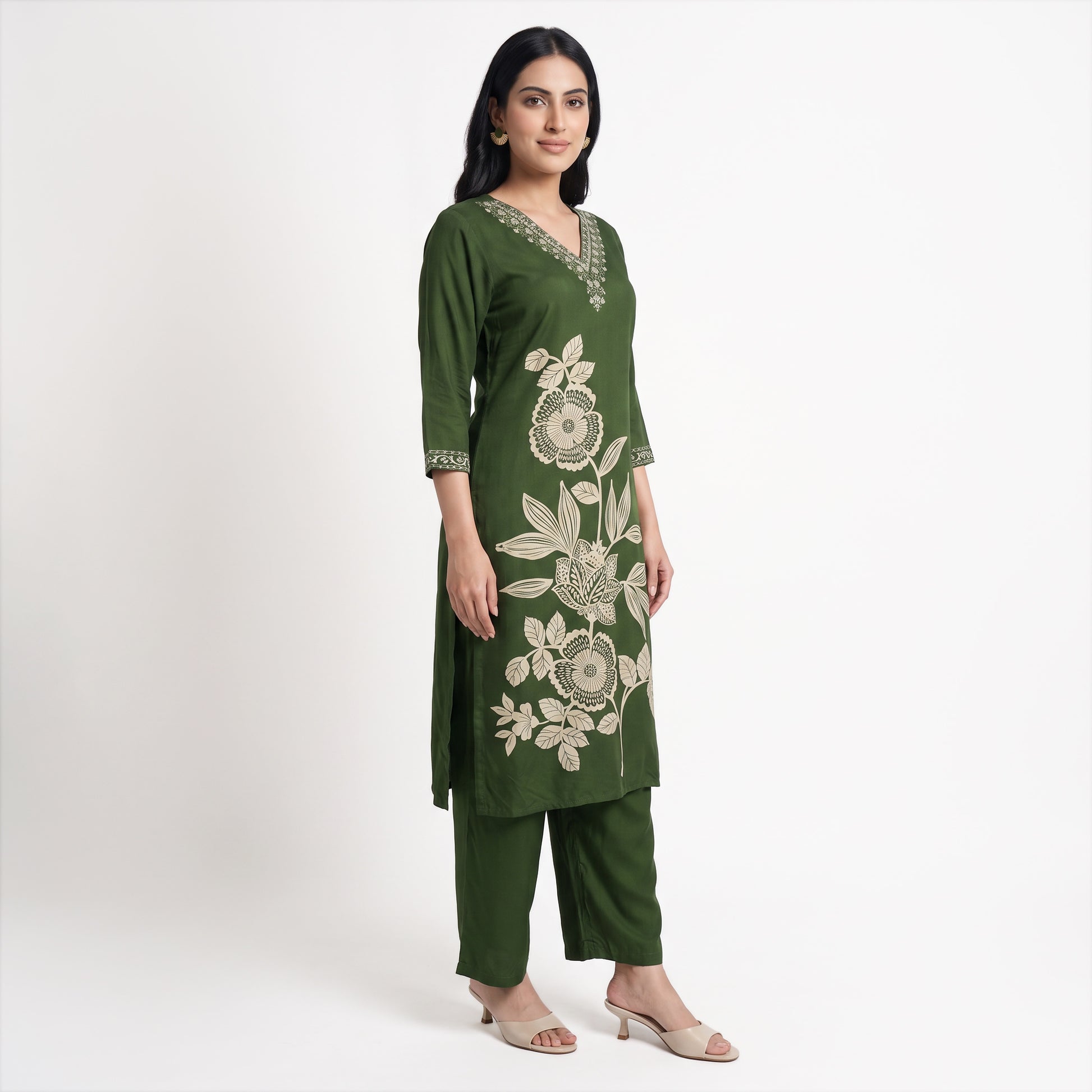 Printed V-Neck Kurta with Pant and Dupatta Set