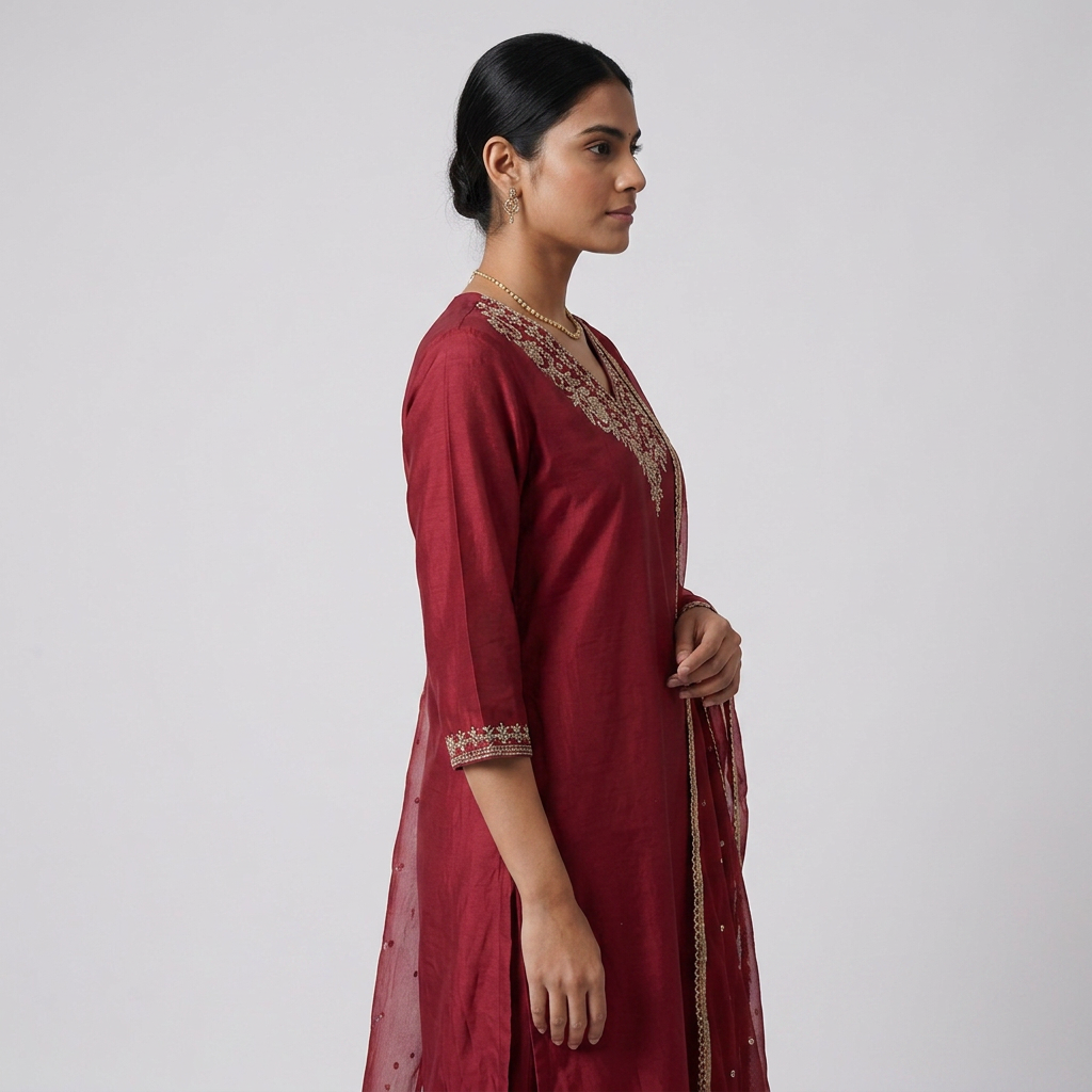 Embroidered V-Neck Kurta with Pant and Dupatta Set