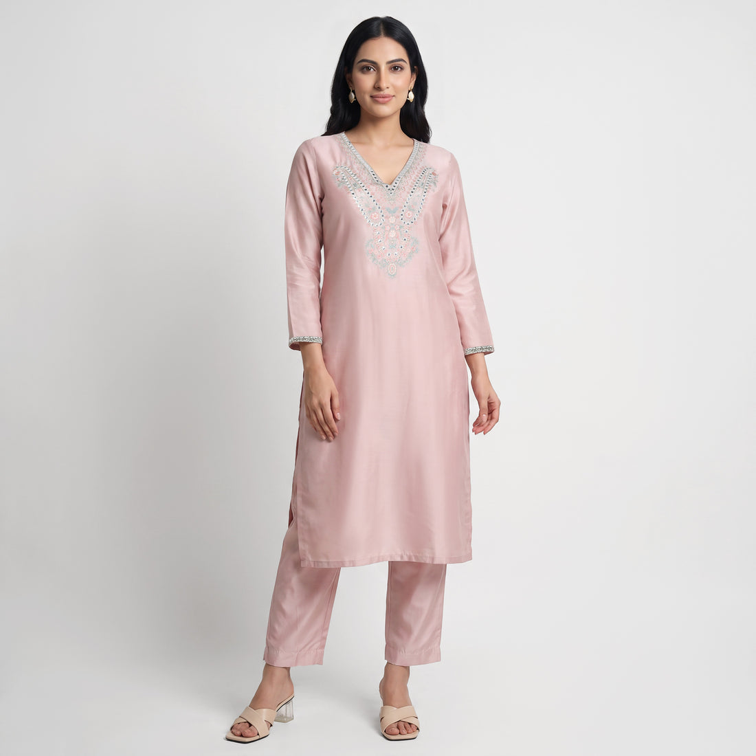 Embroidered V-Neck Kurta with Pant Set