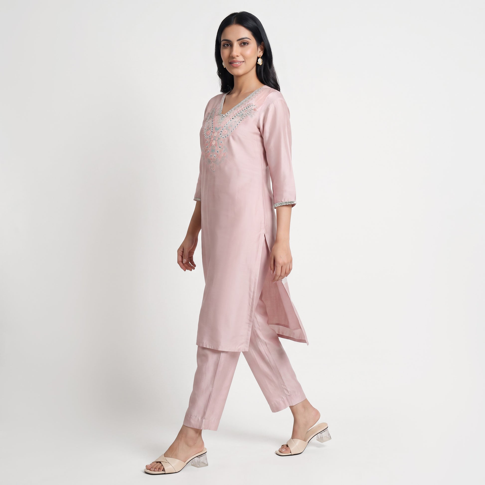 Embroidered V-Neck Kurta with Pant Set