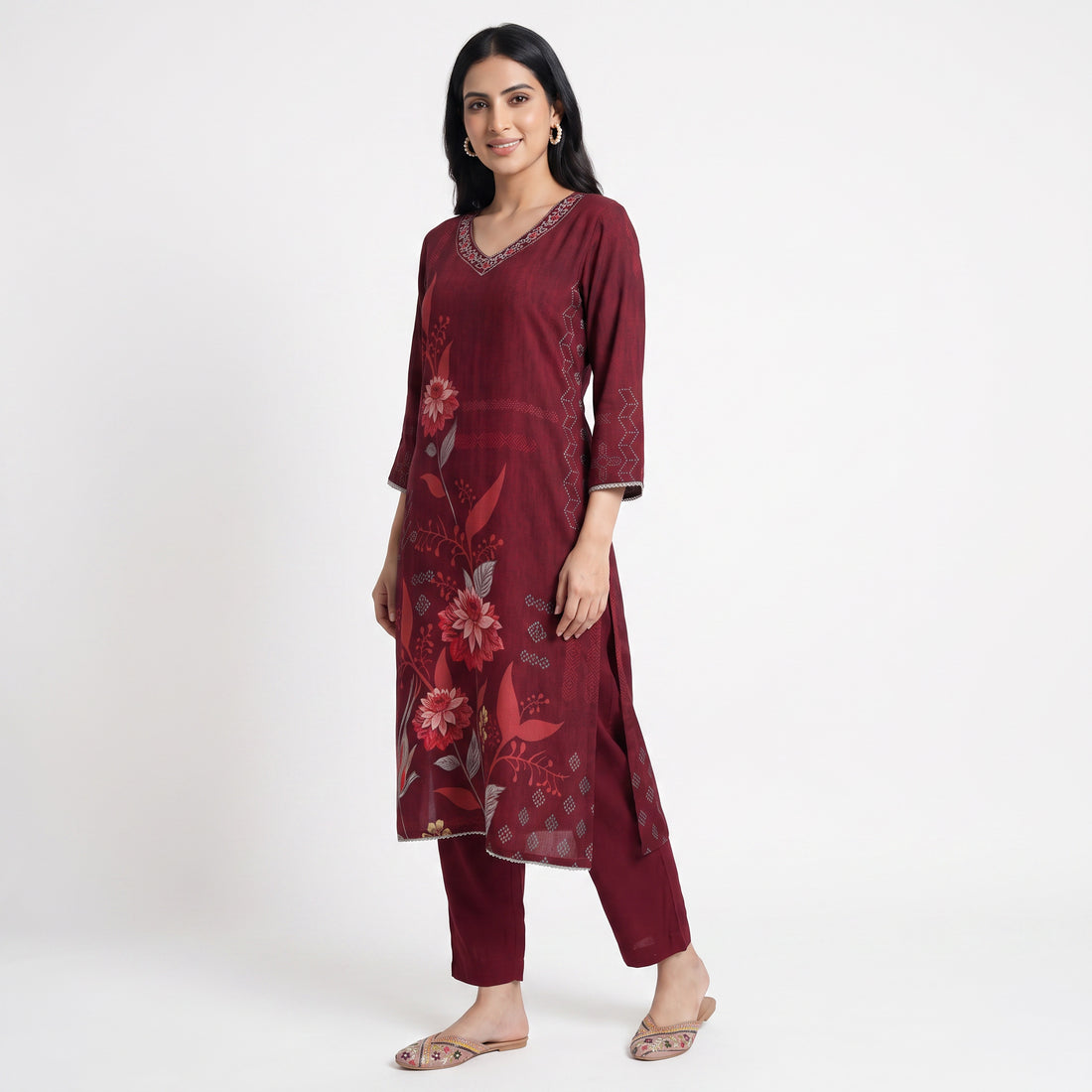 Printed V-Neck Kurta with Pant and Dupatta Set