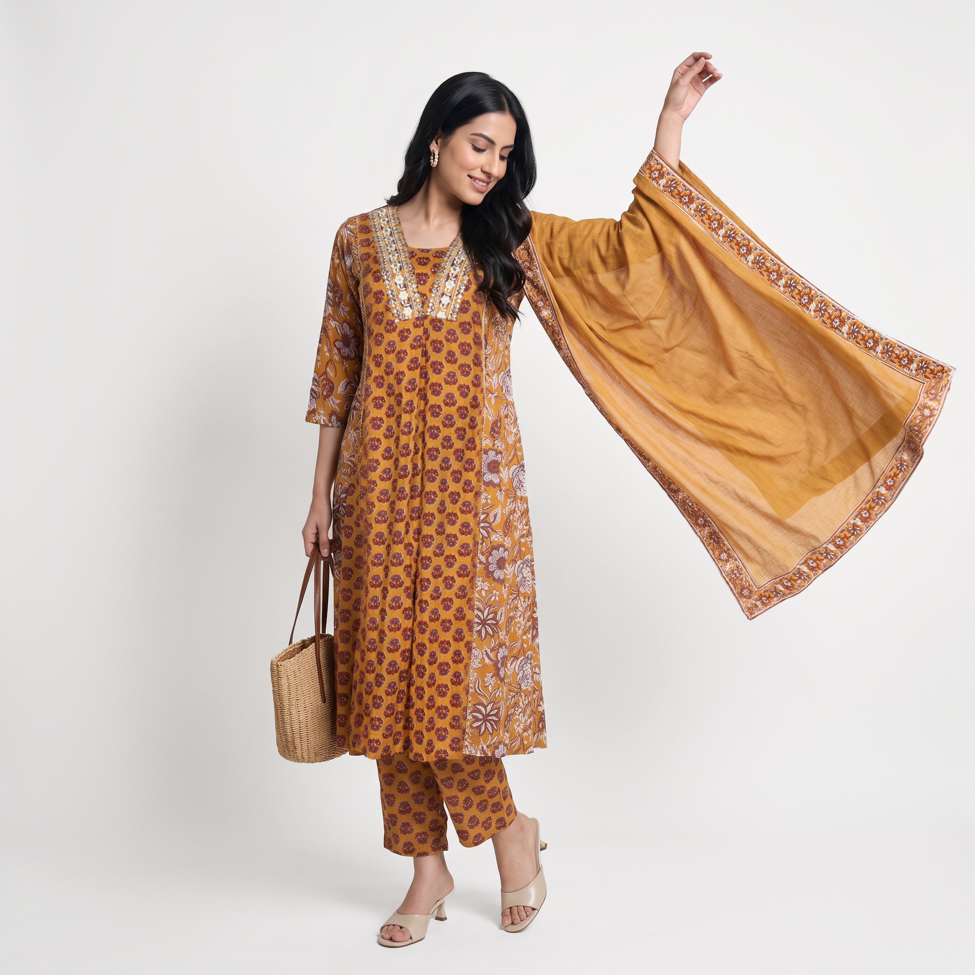 Cotton Printed V-Neck Kurta with Pant and Dupatta Set