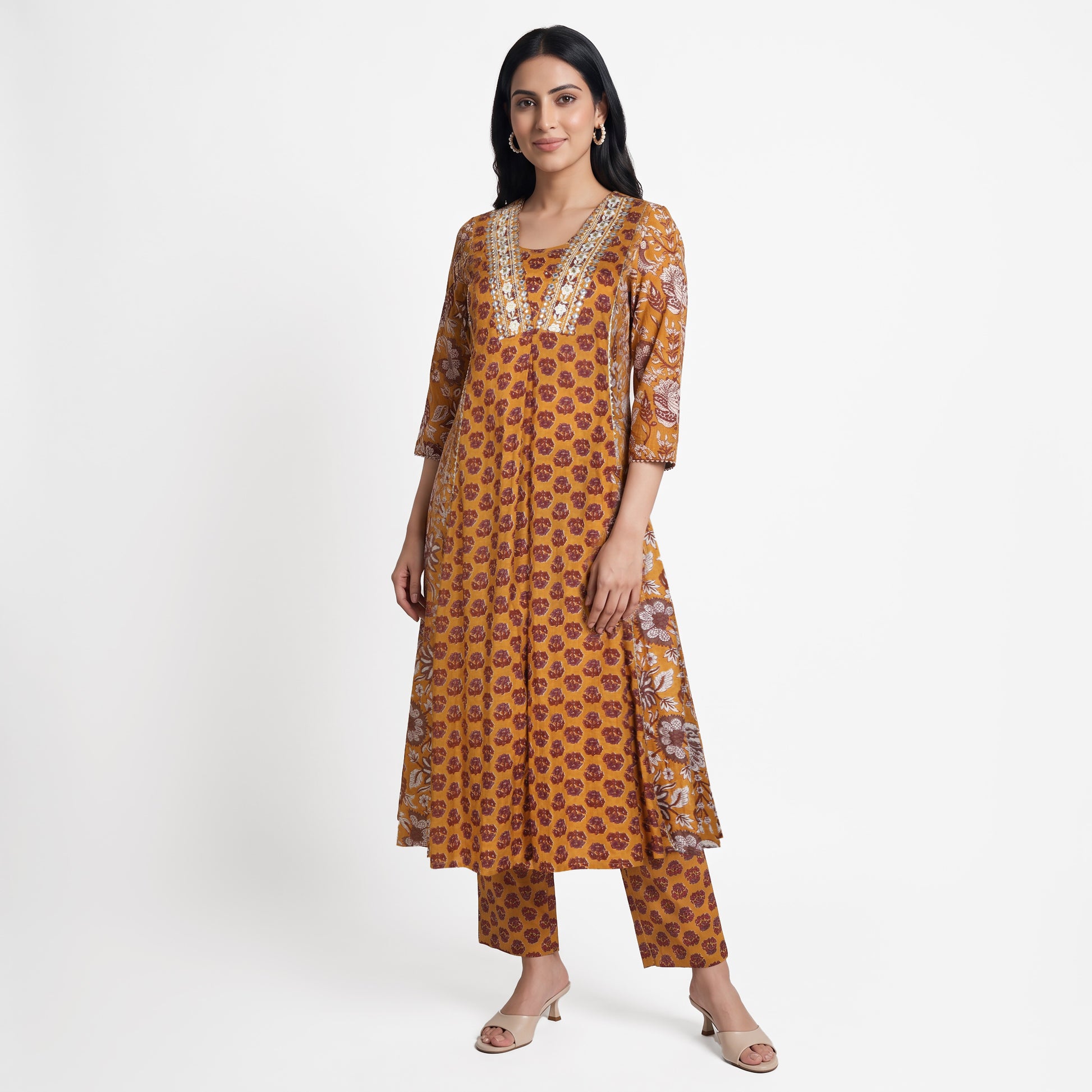 Cotton Printed V-Neck Kurta with Pant and Dupatta Set