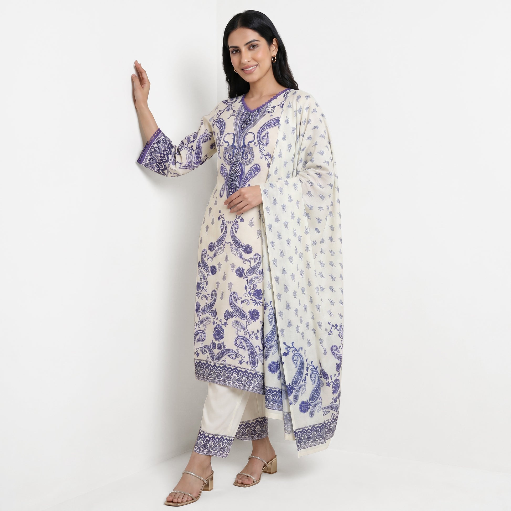 Printed V-Neck Kurta with Pant and Dupatta Set