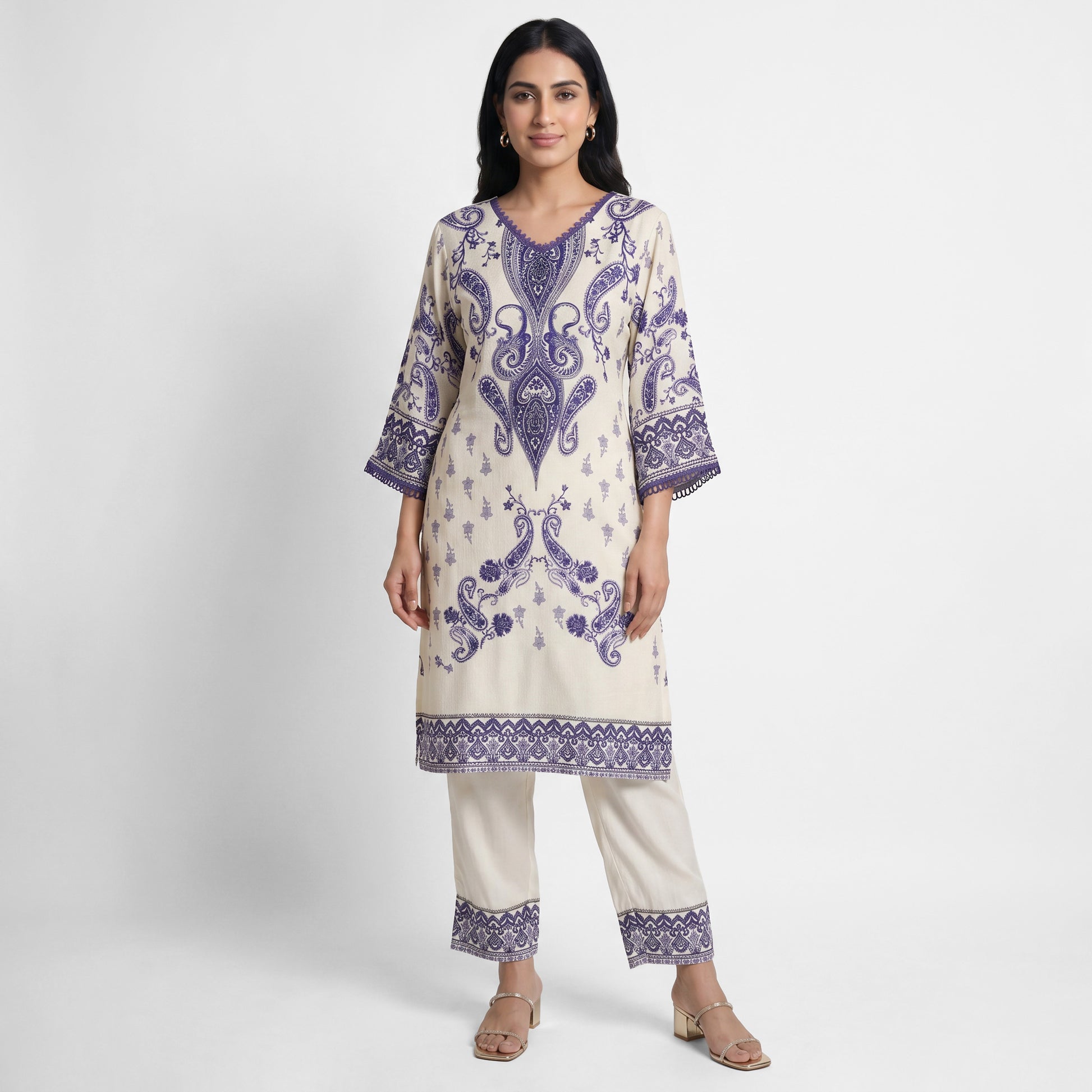 Printed V-Neck Kurta with Pant and Dupatta Set