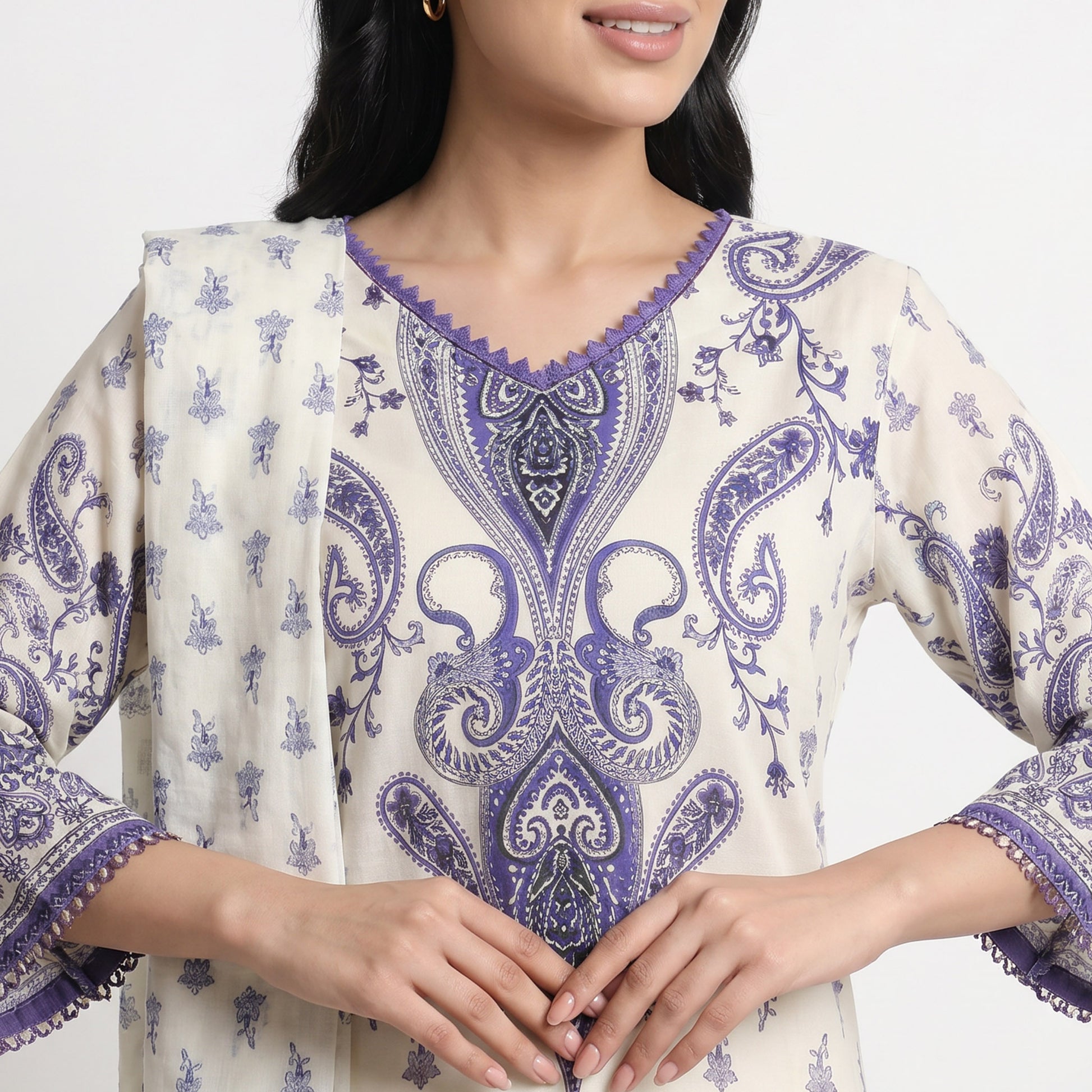 Printed V-Neck Kurta with Pant and Dupatta Set