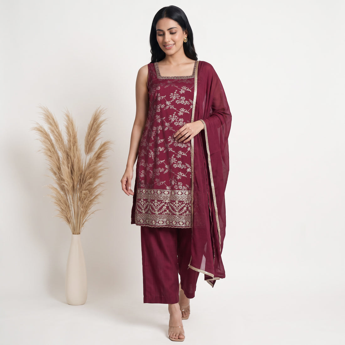 Embellished Straight Kurta with Palazzo and Dupatta Set
