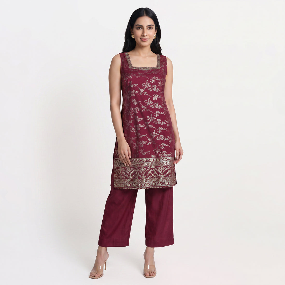 Embellished Straight Kurta with Palazzo and Dupatta Set