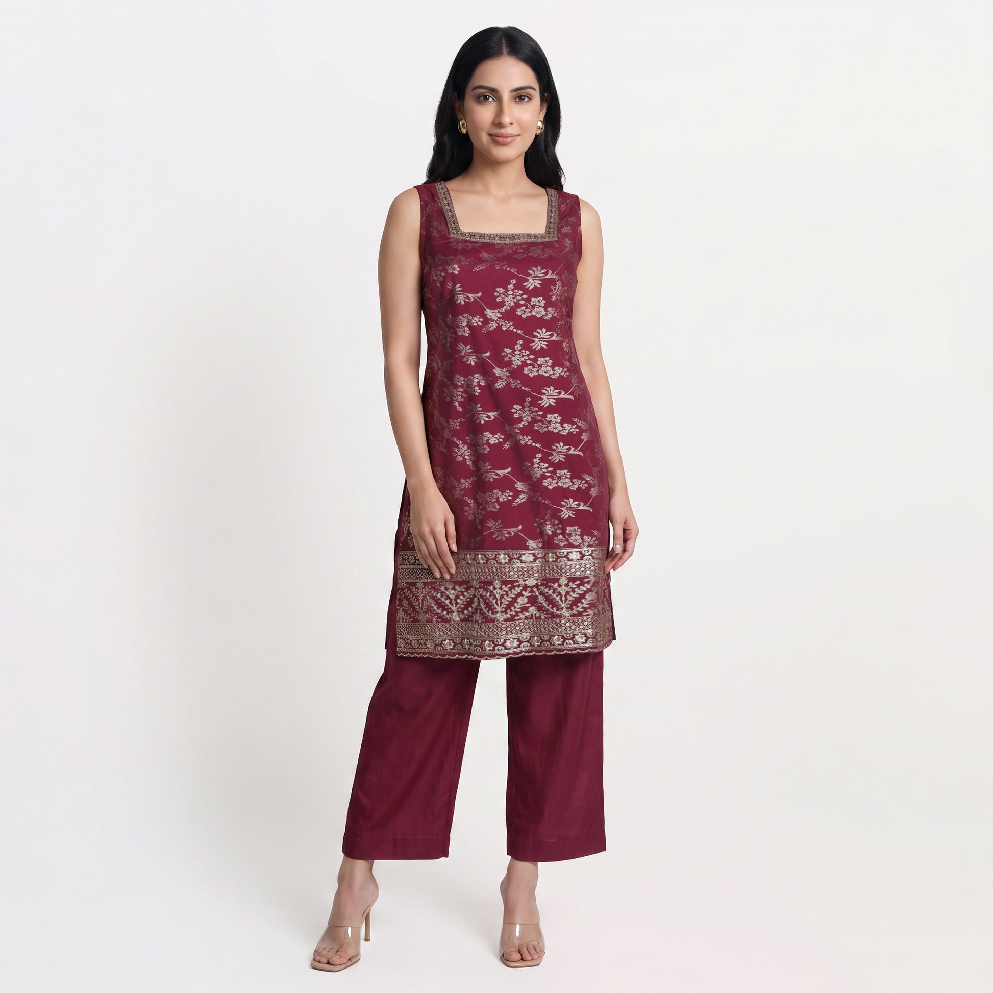 Embellished Straight Kurta with Palazzo and Dupatta Set