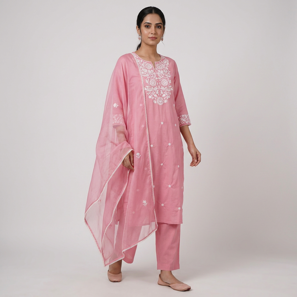 Cotton Embroidered Kurta with Pant and Dupatta Set
