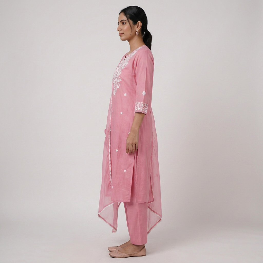 Cotton Embroidered Kurta with Pant and Dupatta Set