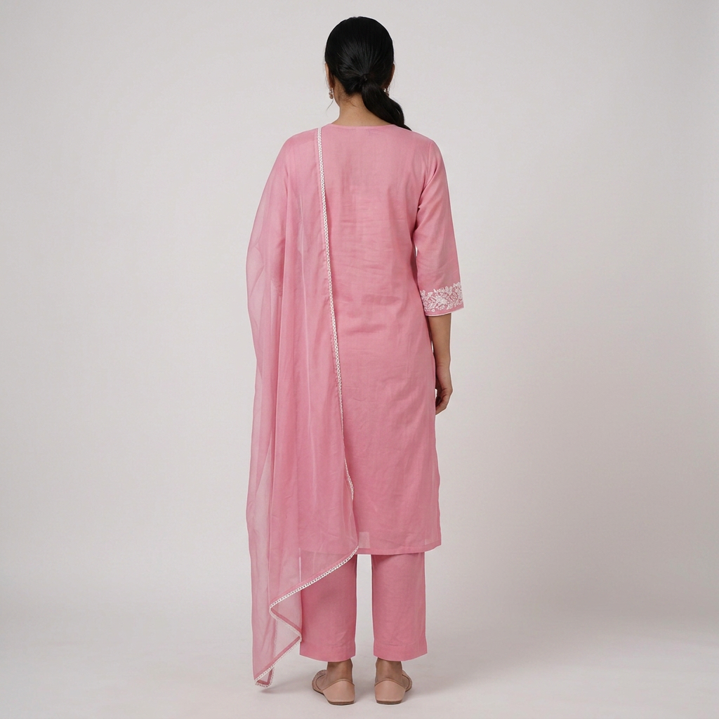 Cotton Embroidered Kurta with Pant and Dupatta Set