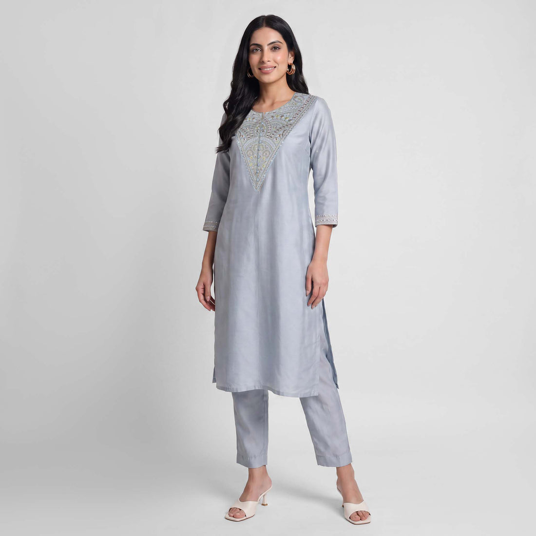 Solid V-Neck Ethnic Sets