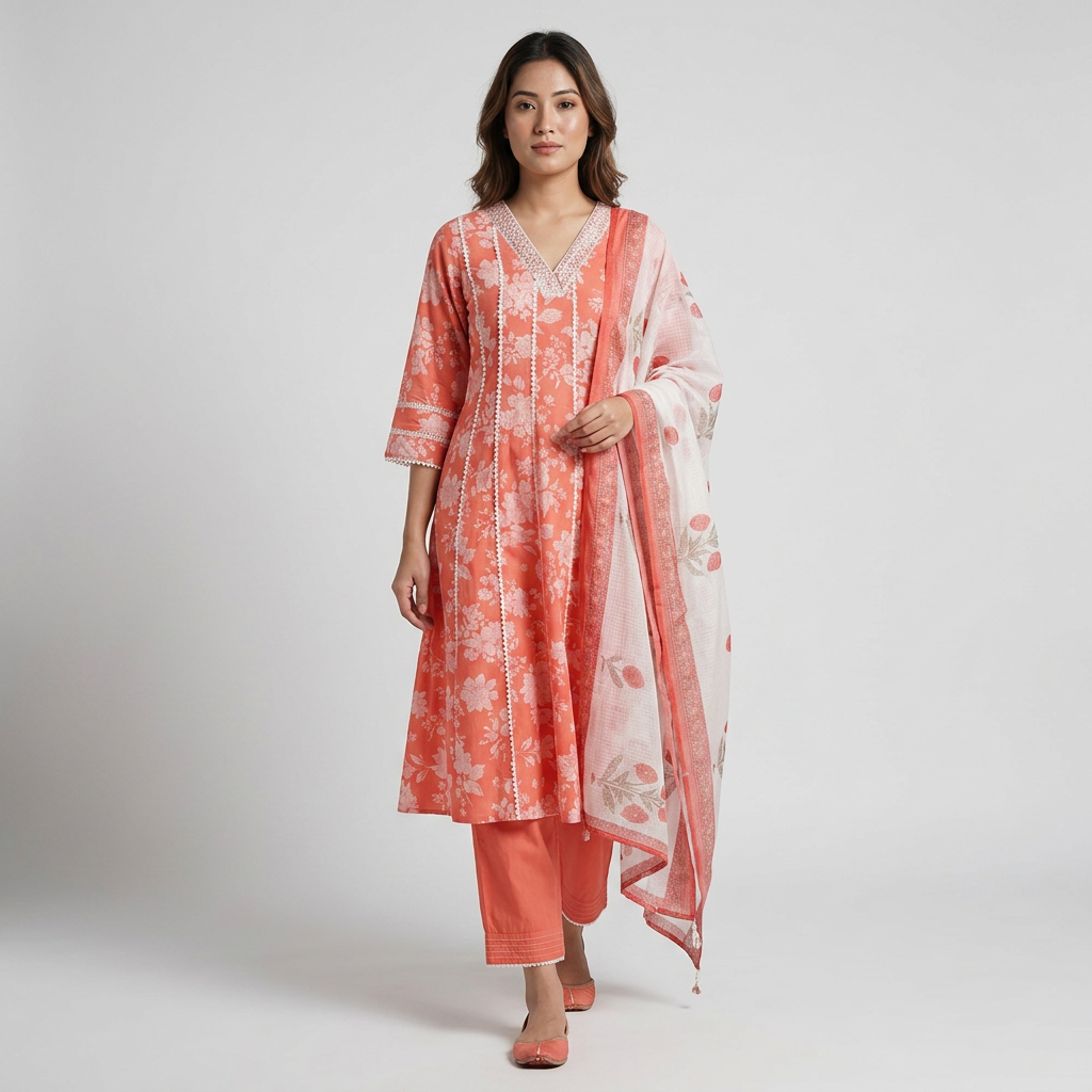 Printed V-Neck Kurta with Pant and Dupatta Set