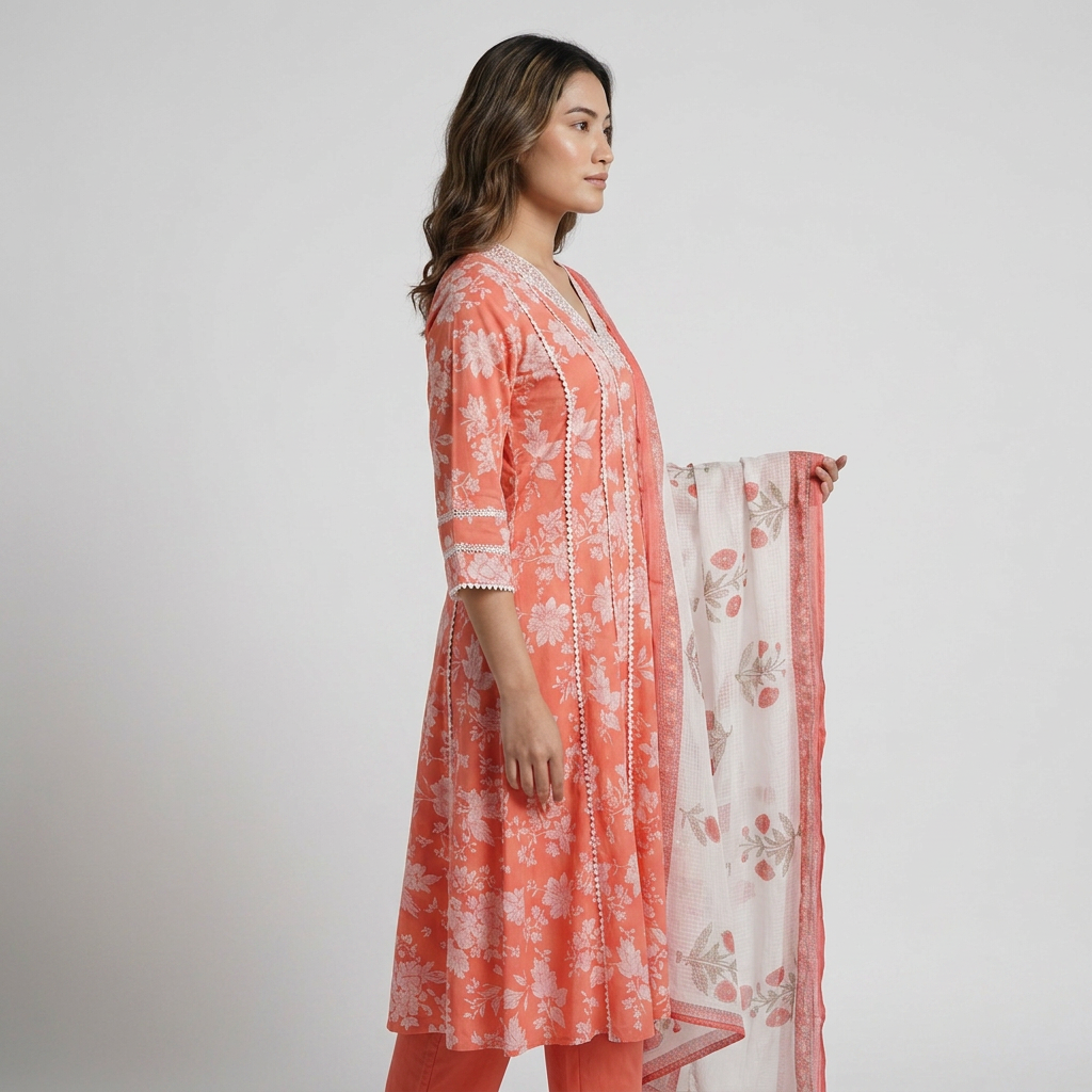 Printed V-Neck Kurta with Pant and Dupatta Set