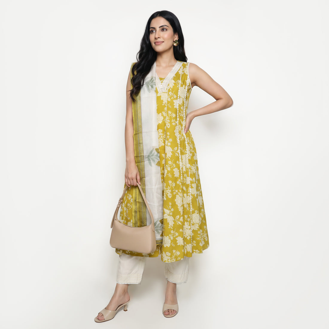 Cotton Printed V-Neck Kurta with Pant and Dupatta Set