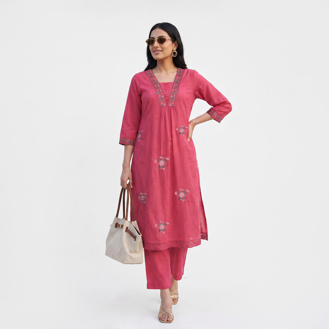 Cotton Solid V-Neck Ethnic Sets