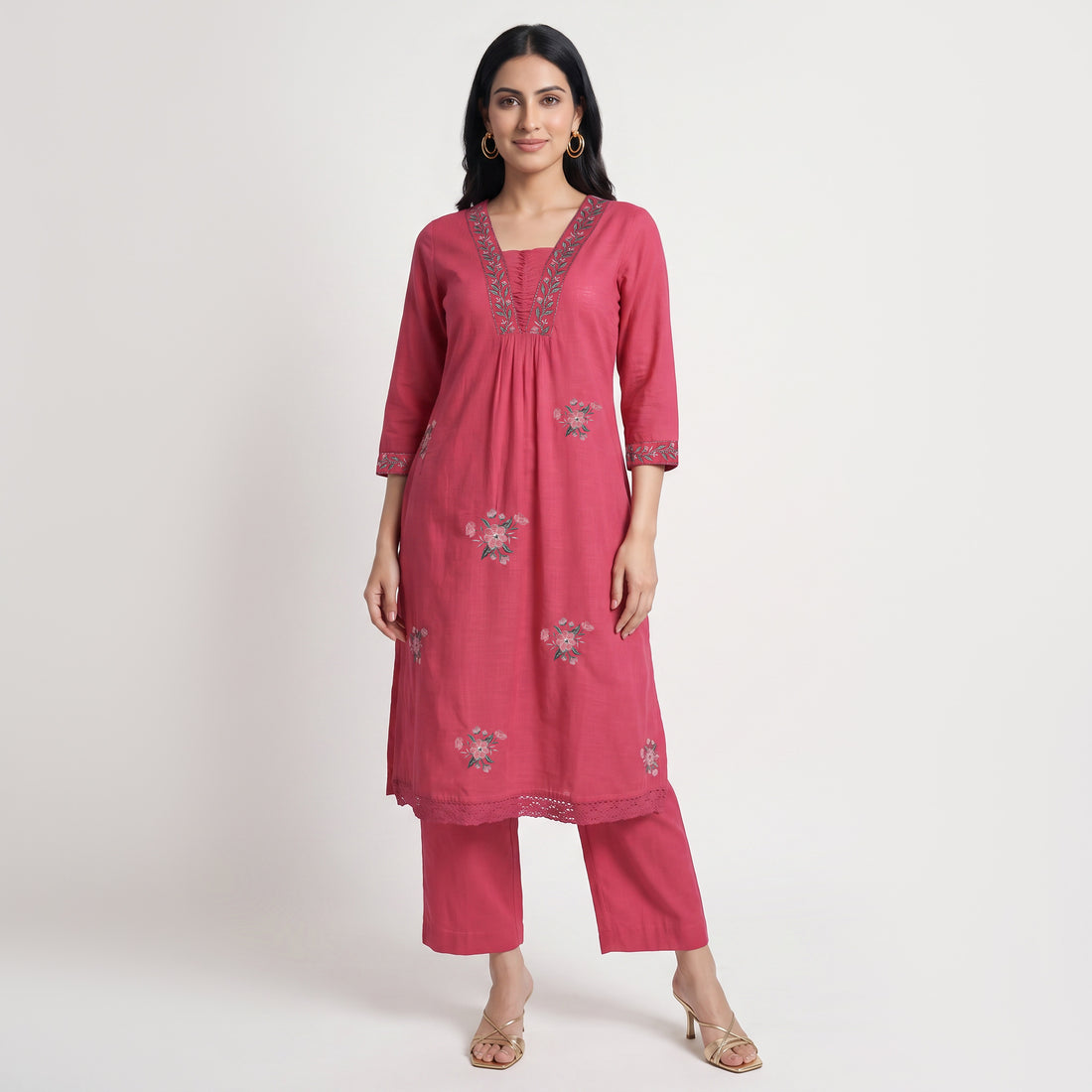 Cotton Solid V-Neck Ethnic Sets